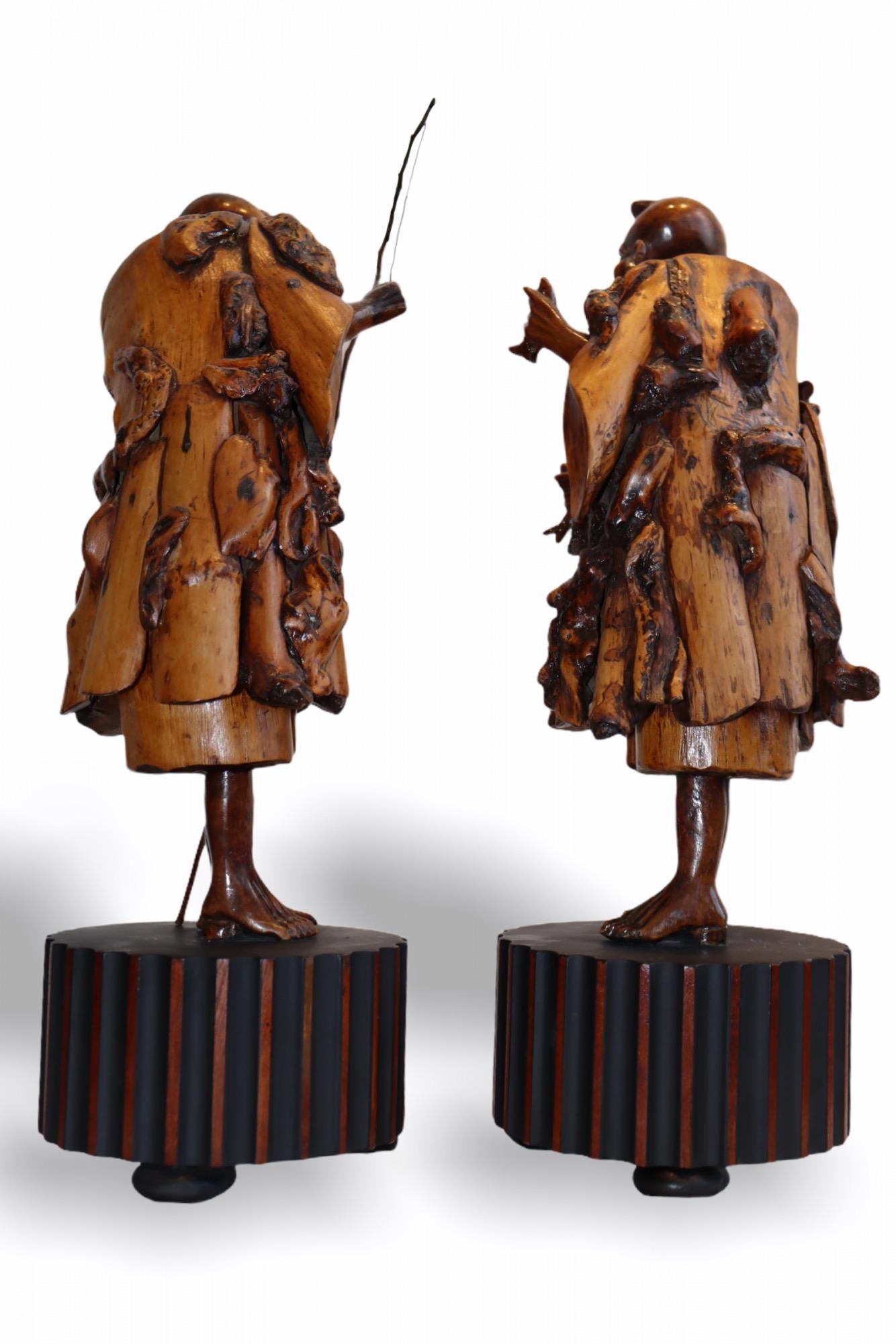 19th Century Pair of Chinese Carved Root Wood Fishing Monks on Lacquered Bases, 19th C