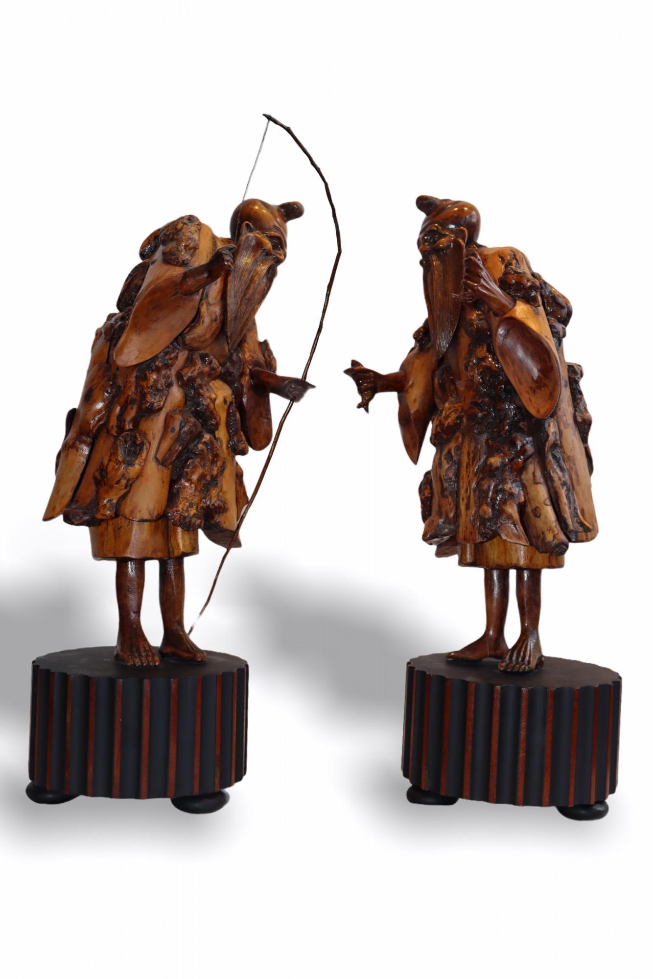 Pair of Chinese Carved Root Wood Fishing Monks on Lacquered Bases, 19th C 1