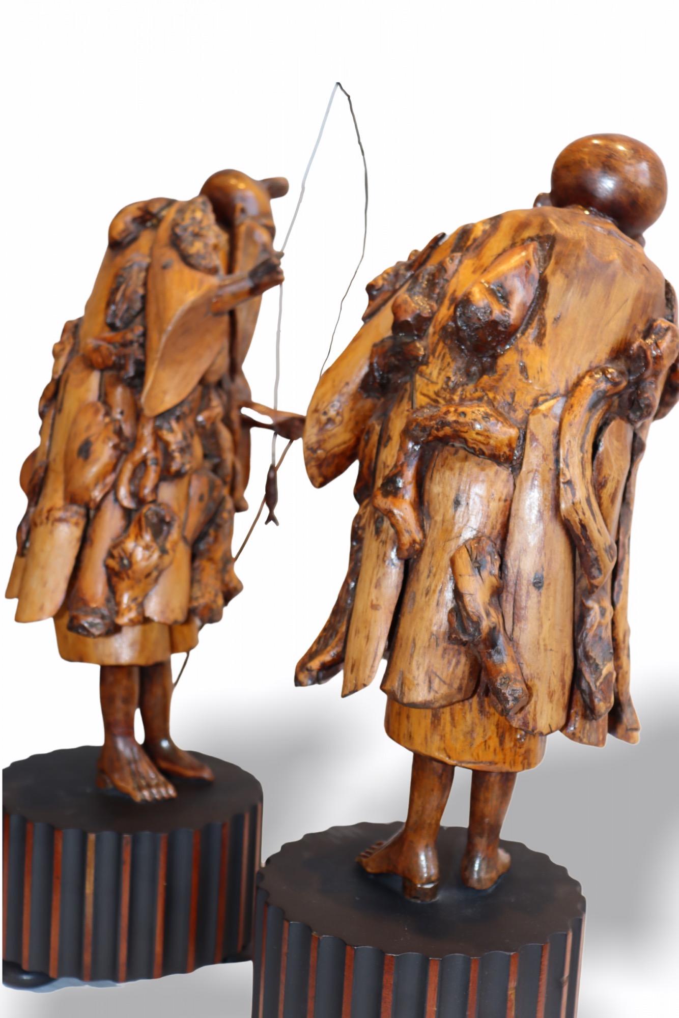 Pair of Chinese Carved Root Wood Fishing Monks on Lacquered Bases, 19th C 2