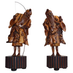 Pair of Chinese Carved Root Wood Fishing Monks on Lacquered Bases, 19th C