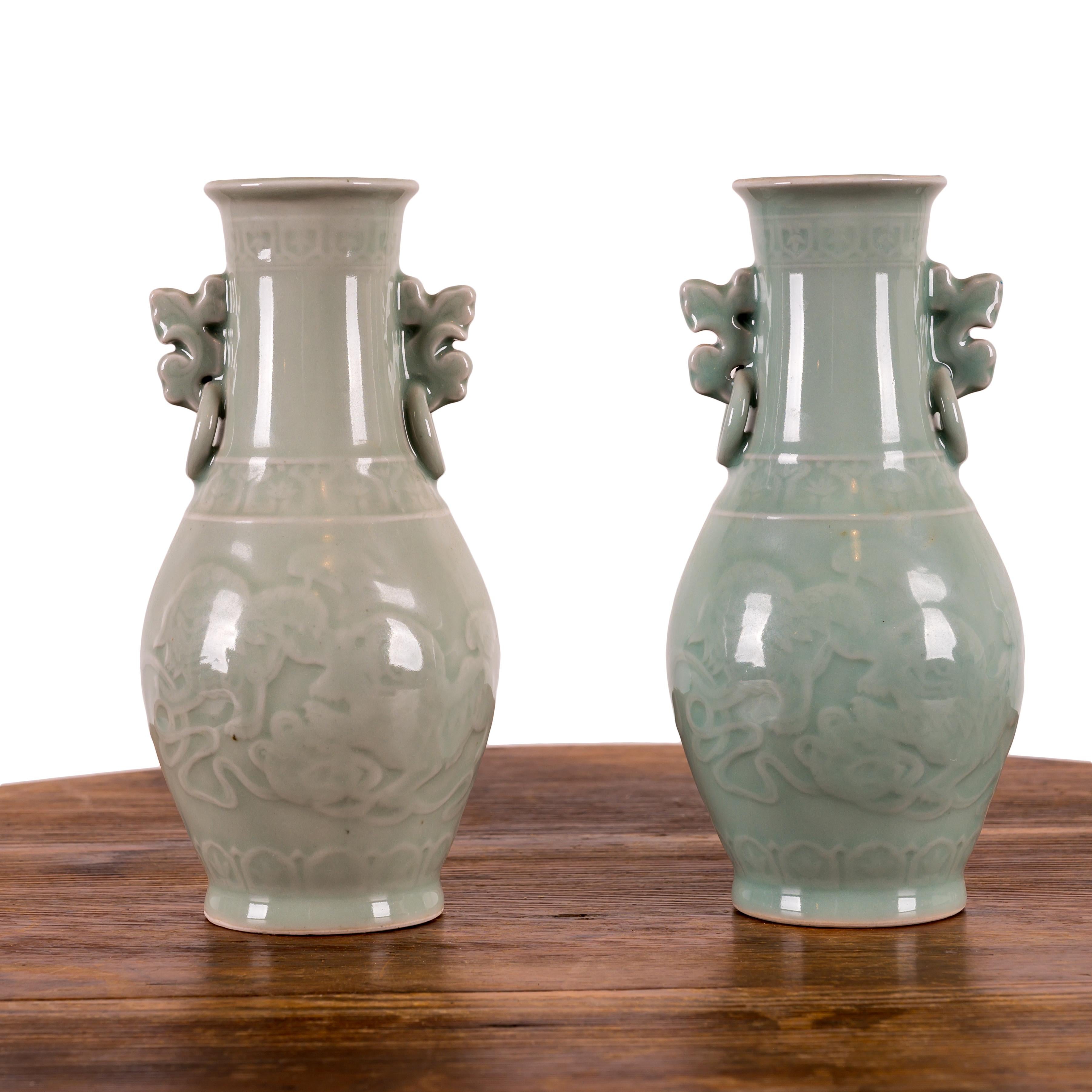 A Pair of Chinese Celadon Vases In Good Condition For Sale In Savannah, GA