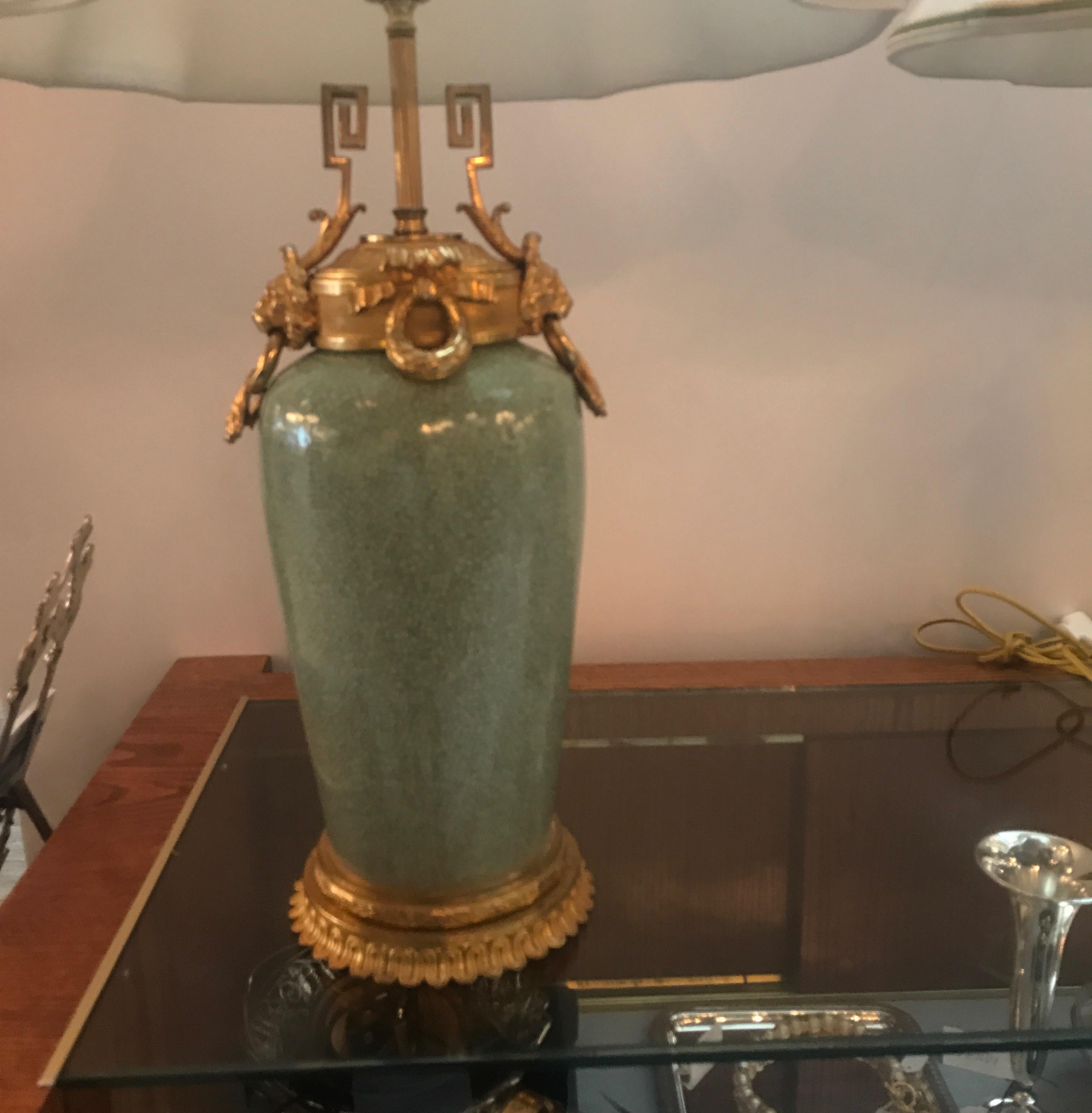 Pair of Chinese Celadon Porcelain Urn Lamp with Later French Ormolu Mounts In Good Condition In Lambertville, NJ