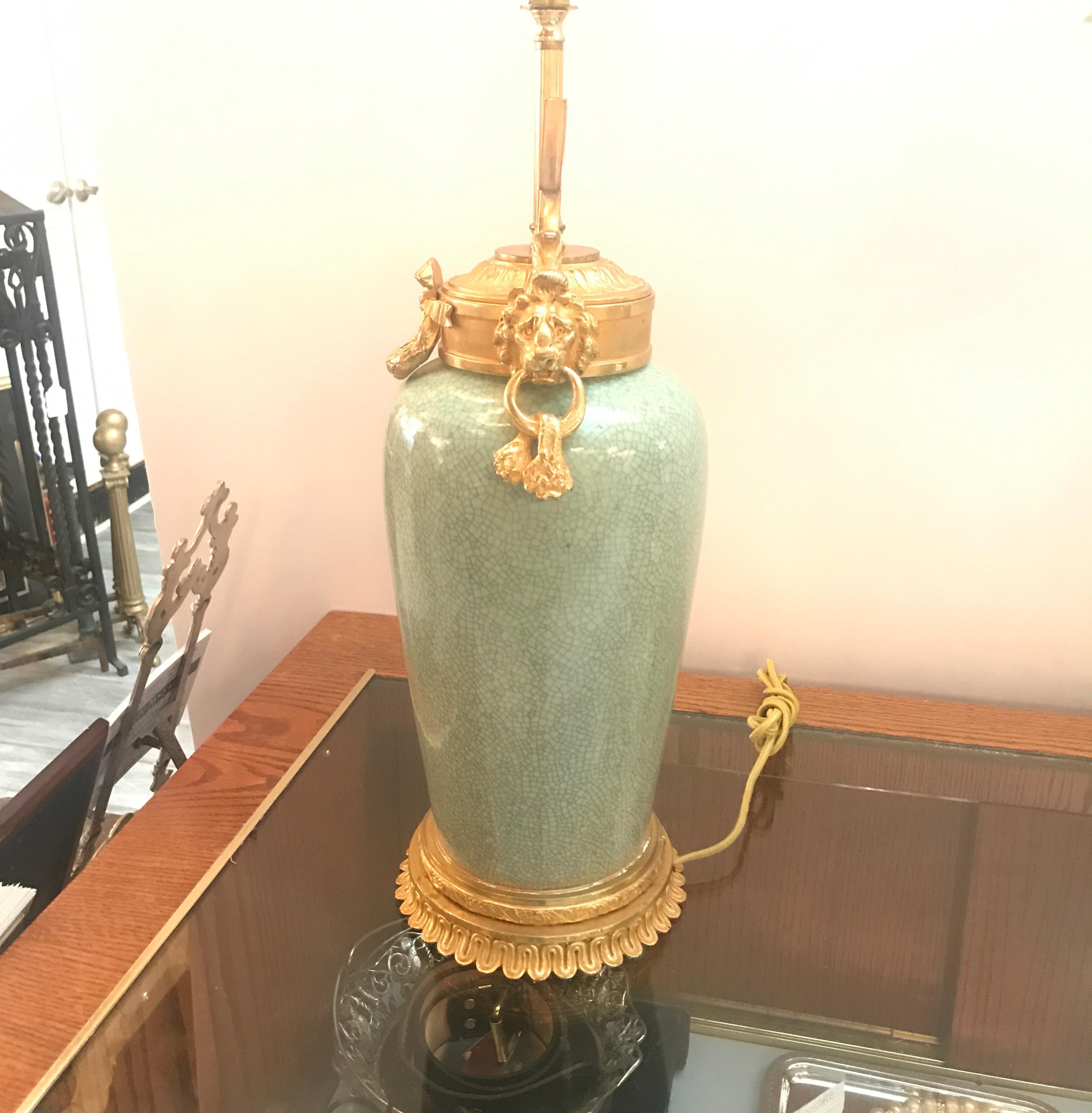20th Century Pair of Chinese Celadon Porcelain Urn Lamp with Later French Ormolu Mounts