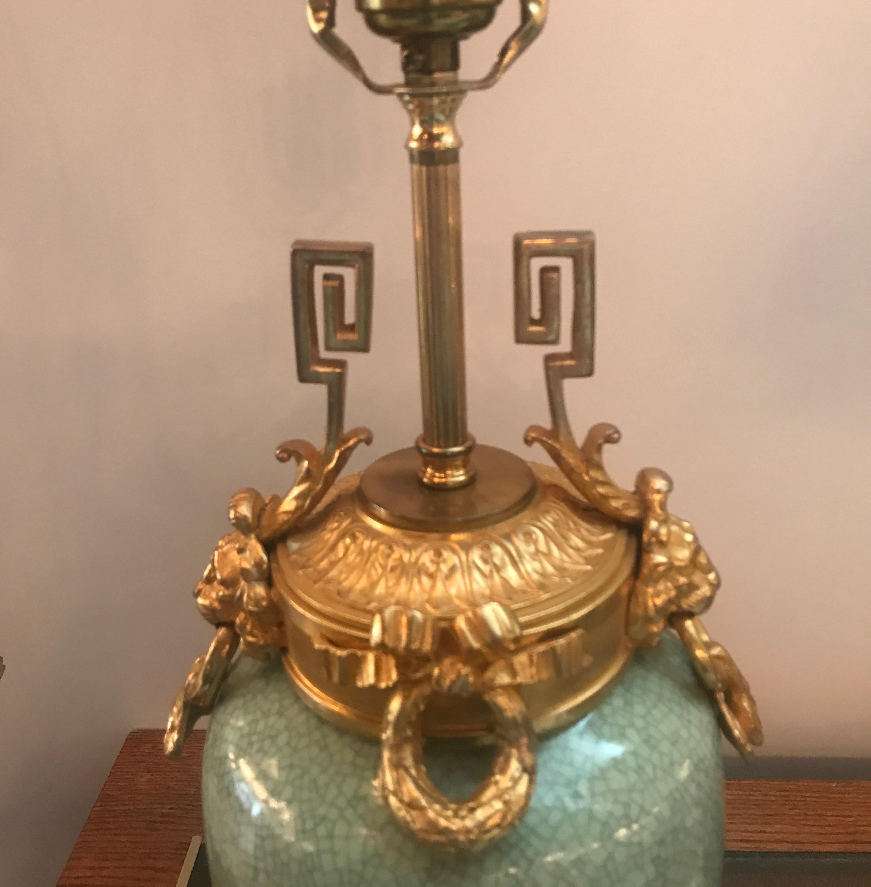 Pair of Chinese Celadon Porcelain Urn Lamp with Later French Ormolu Mounts 1