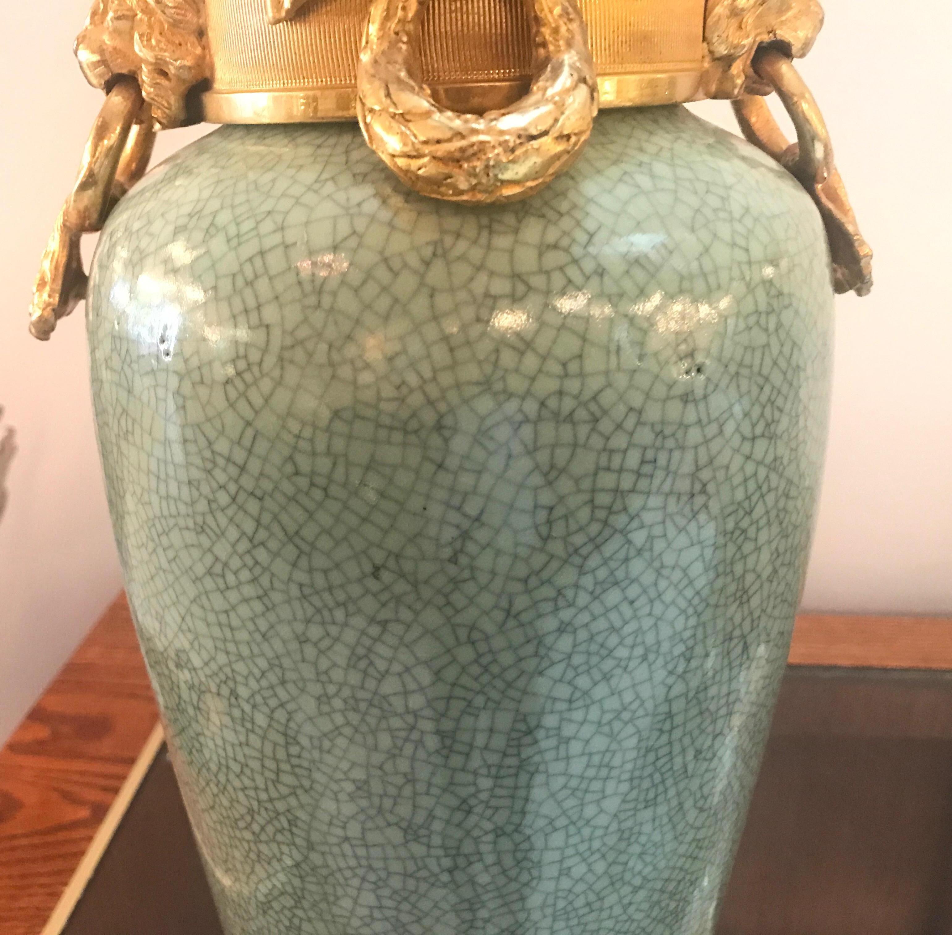 Pair of Chinese Celadon Porcelain Urn Lamp with Later French Ormolu Mounts 4