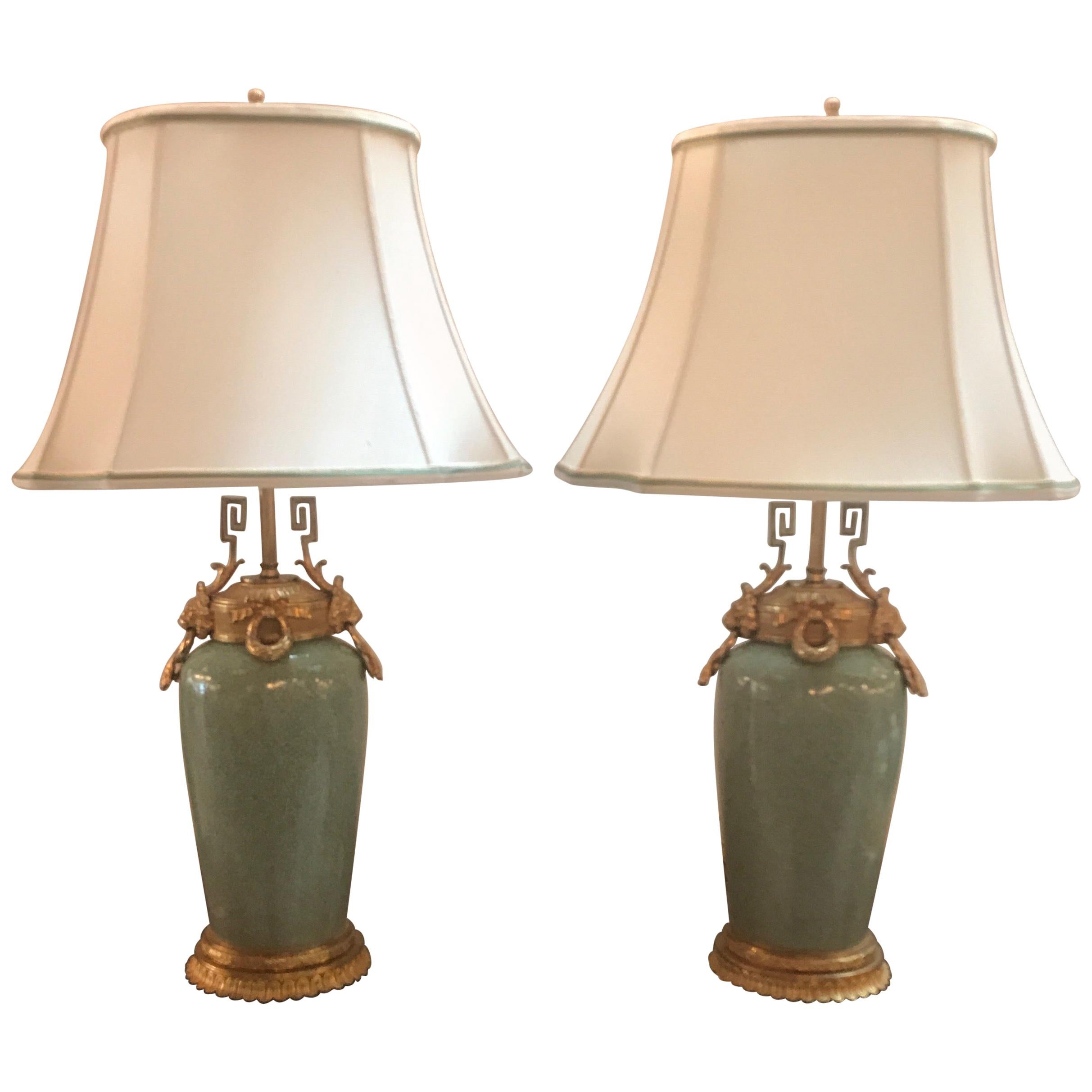 Pair of Chinese Celadon Porcelain Urn Lamp with Later French Ormolu Mounts