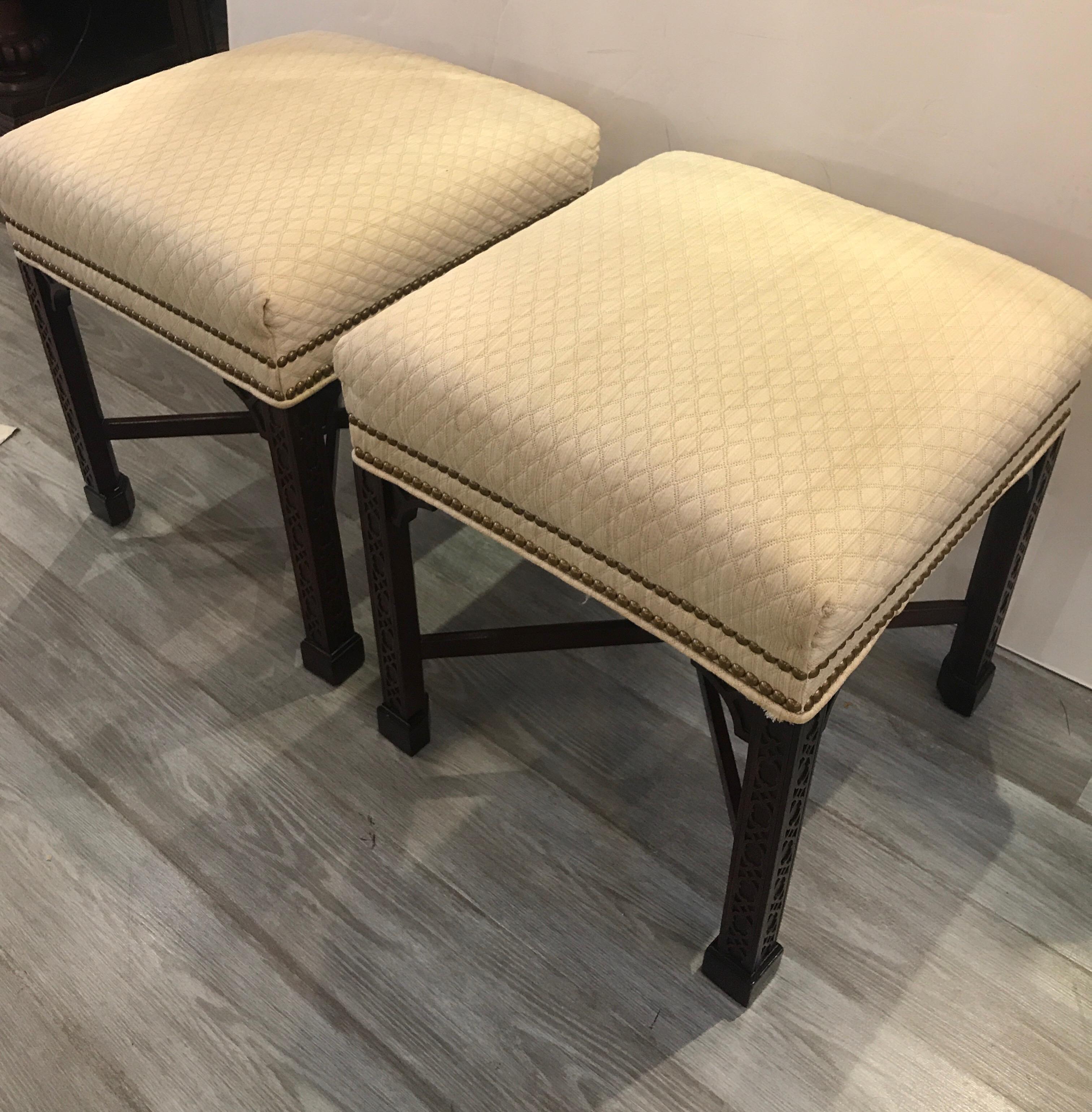 Pair of Chinese Chippendale Mahogany Benches W.J. Sloan In Good Condition In Lambertville, NJ