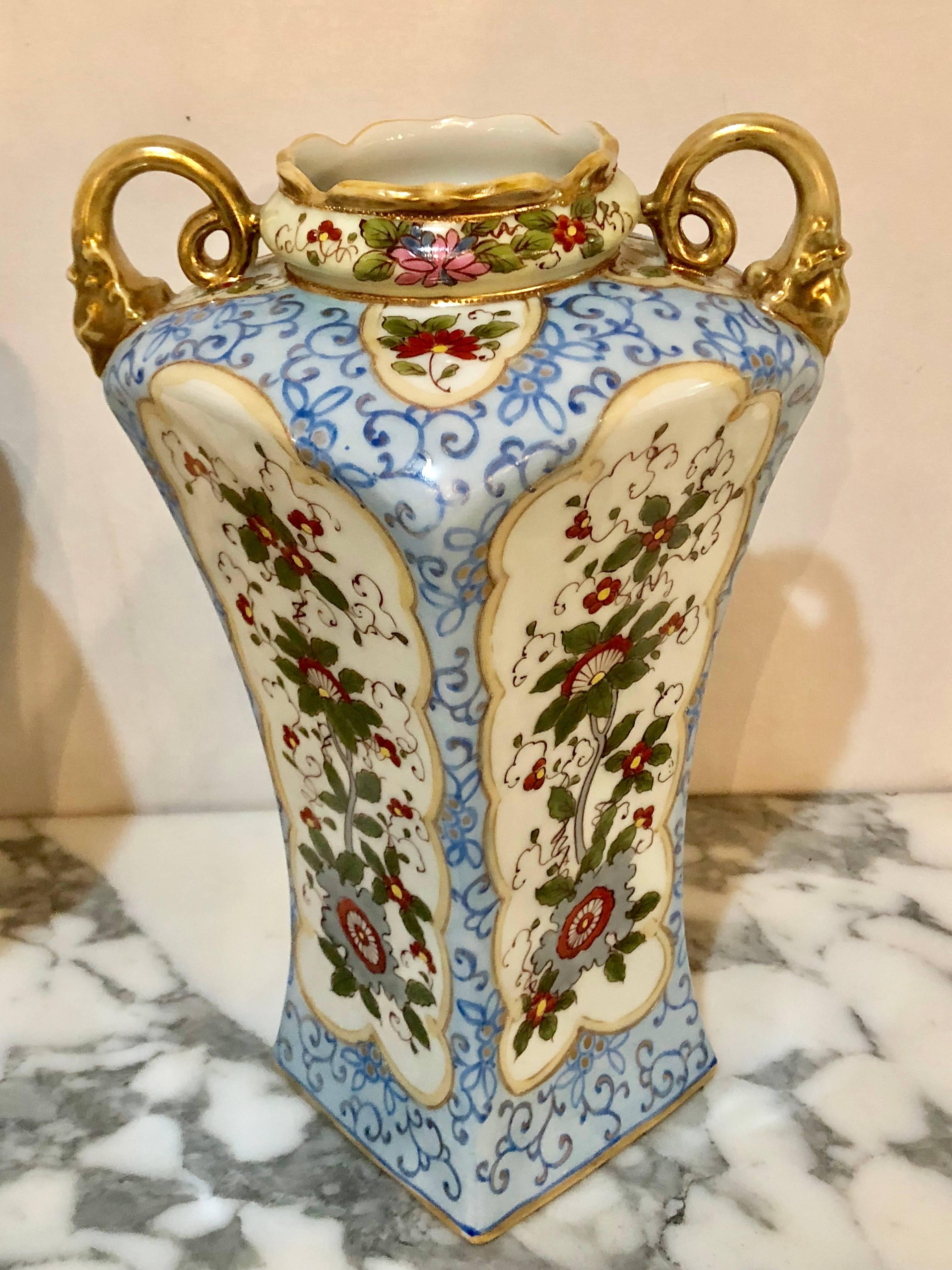 Pair of Chinese Chippendale Style Twin Handled Signed Nippon Vases In Good Condition In Stamford, CT