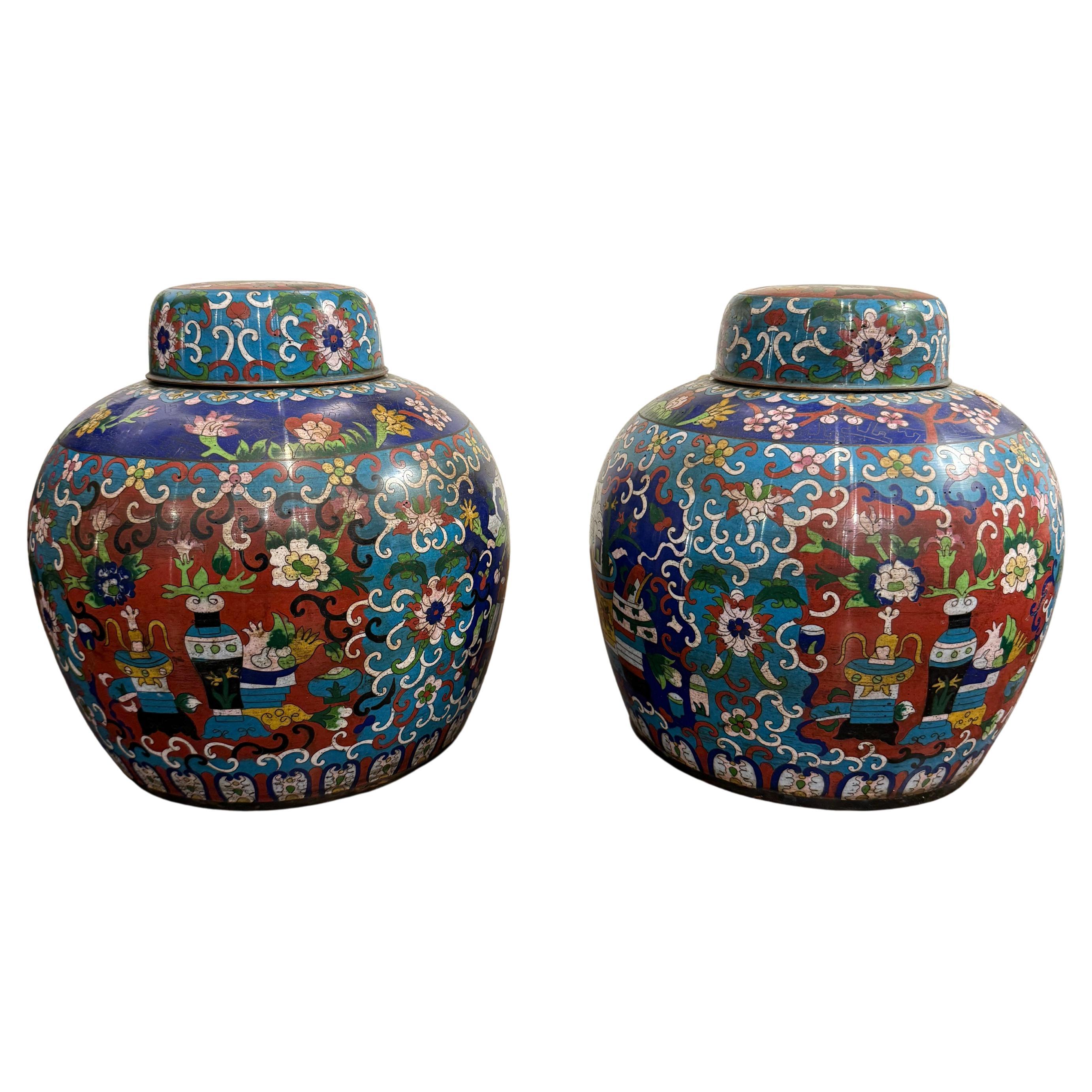 Pareja de jarras chinas de jengibre de cloisonné, principios del siglo XX en venta
