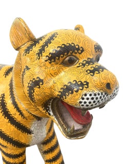 A Pair of Chinese Cloisonné Models of Tigers on Bases, Life Size, Qing