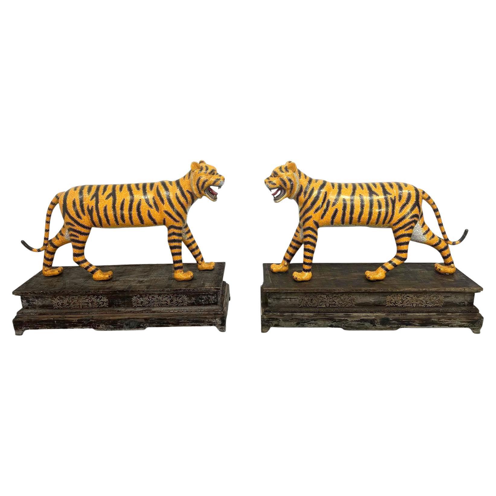A Pair of Chinese Cloisonné Models of Tigers on Bases, Life Size