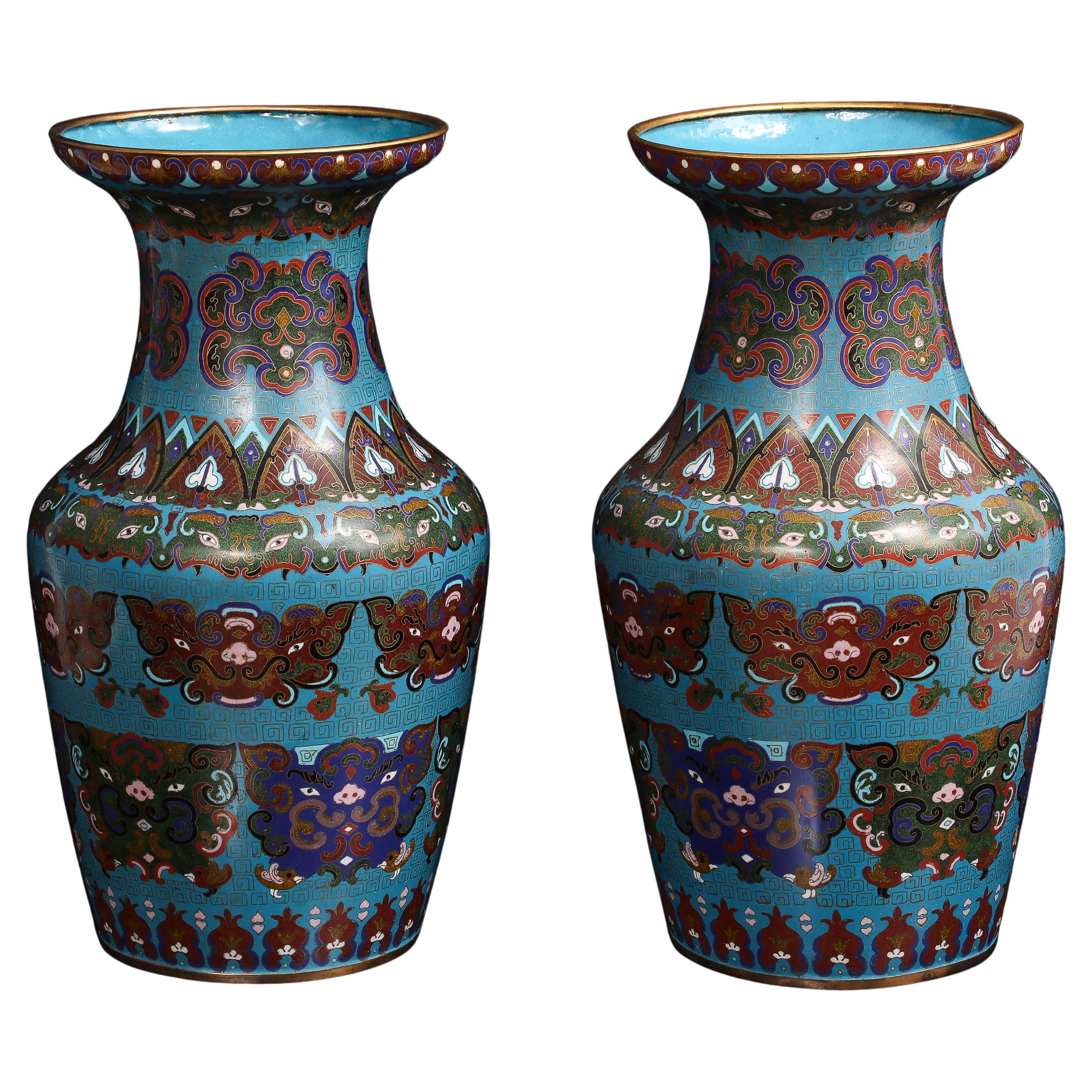 A Pair of Chinese Cloisonne Turquoise Blue Ground Vases w/ Taotie Masks