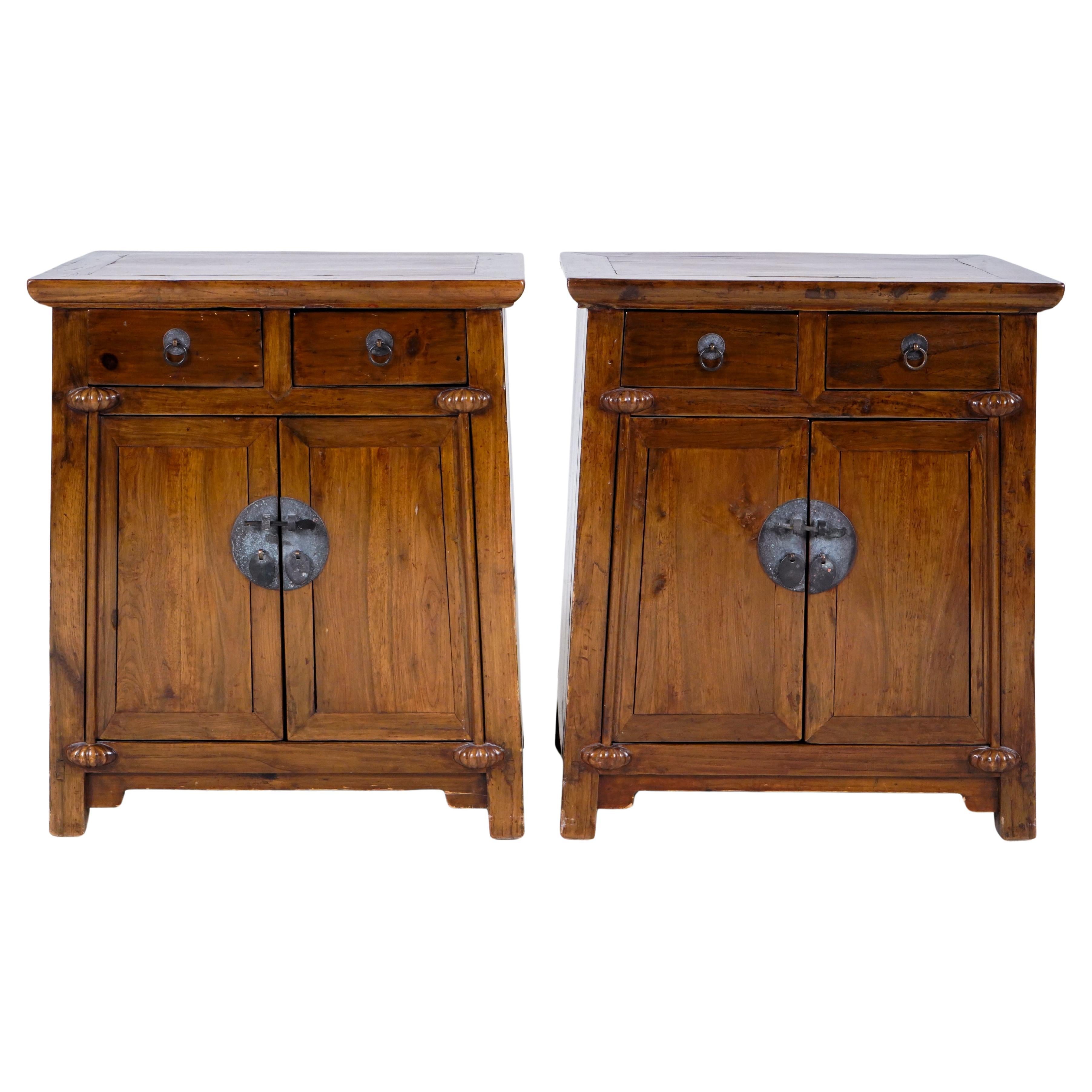 A Pair of Chinese Elm Wood Bedside Chests/Nightstands