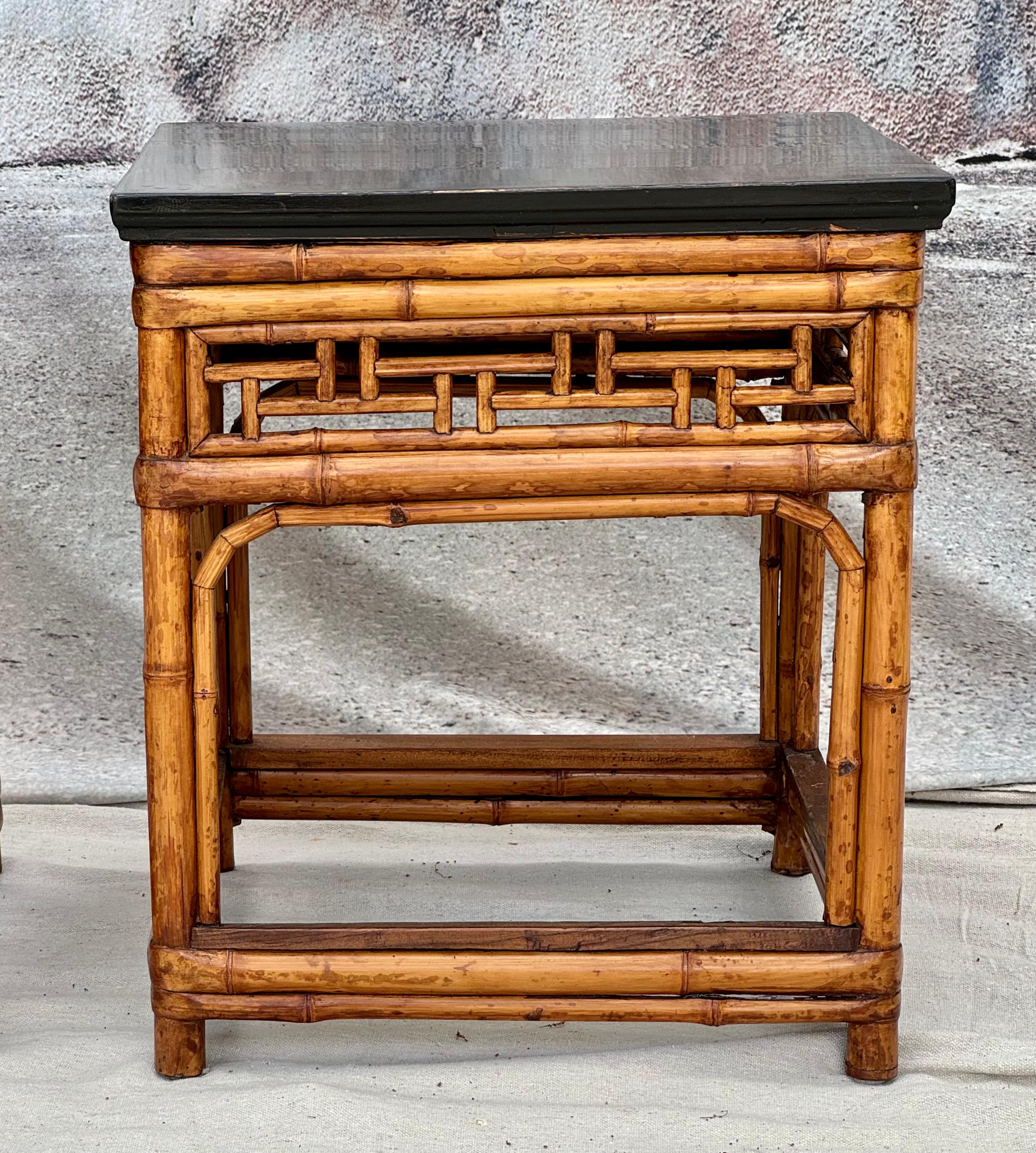 Chinese Chippendale A Pair of Chinese Export Ebonized Top Bamboo Side Tables  For Sale