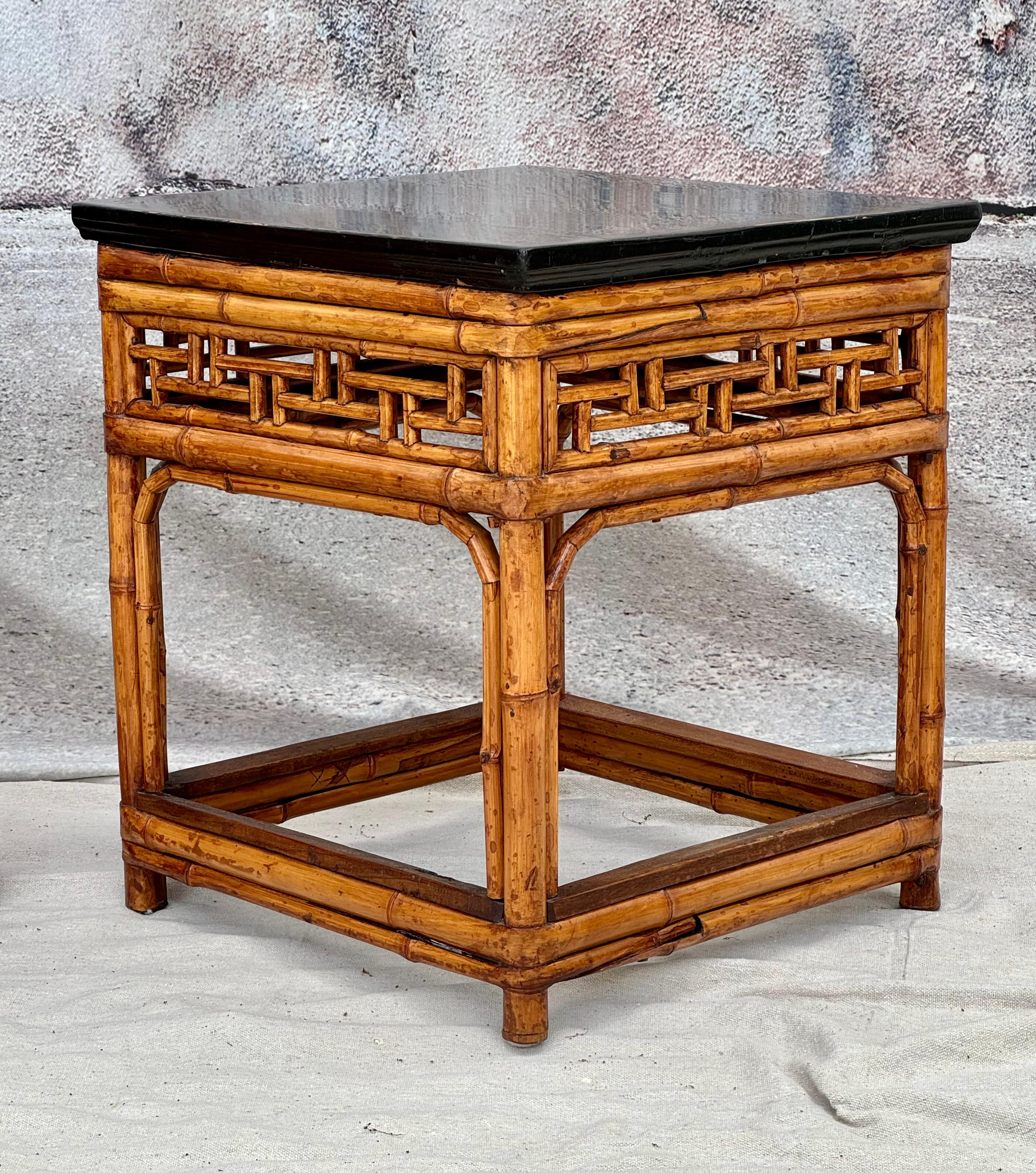 19th Century A Pair of Chinese Export Ebonized Top Bamboo Side Tables  For Sale