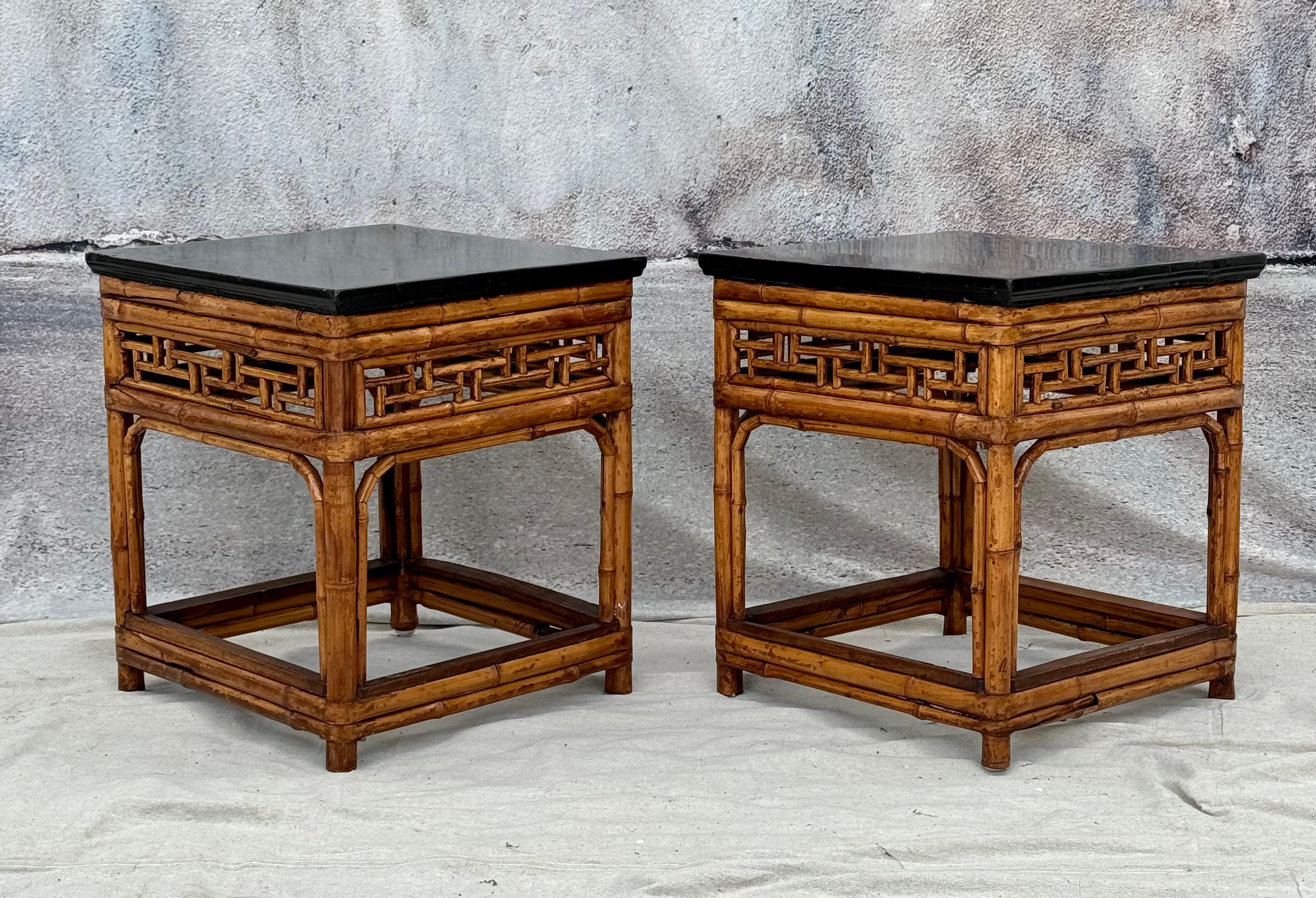 A Pair of Chinese Export Ebonized Top Bamboo Side Tables  For Sale 2