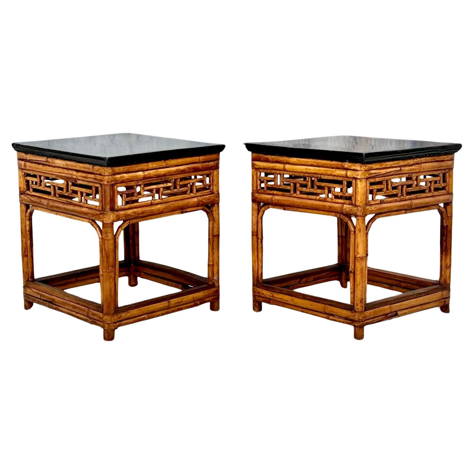 A Pair of Chinese Export Ebonized Top Bamboo Side Tables  For Sale