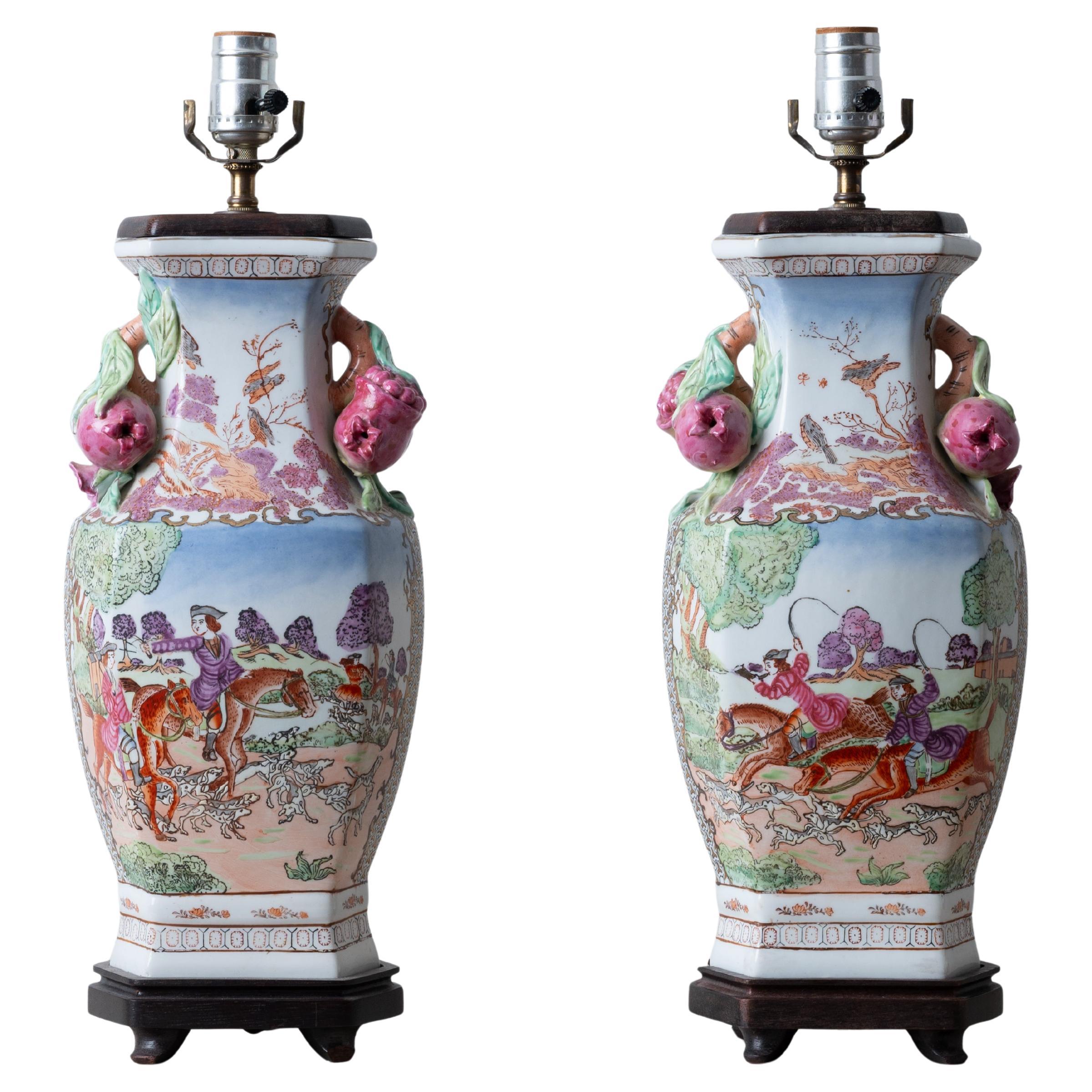 A Pair of Chinese Export Hunt Scene Porcelain Lamps
