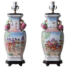 A Pair of Chinese Export Hunt Scene Porcelain Lamps