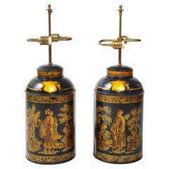 Pair of Chinese Export Midnight Blue and Gilt-Tole Tea Canister Lamps