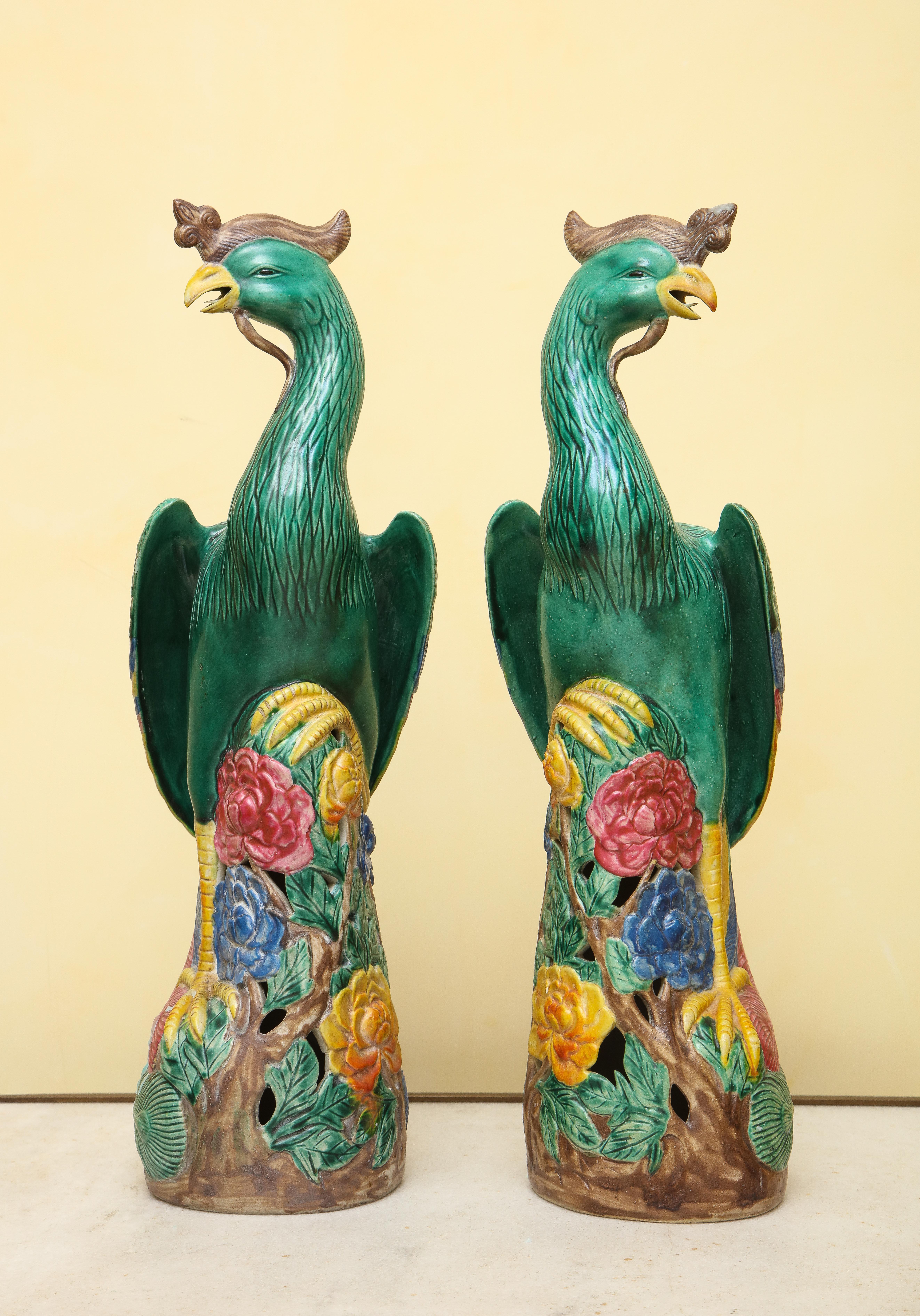 Glazed Pair of Chinese Export-Style Porcelain Ho-Ho Phoenix Birds For Sale