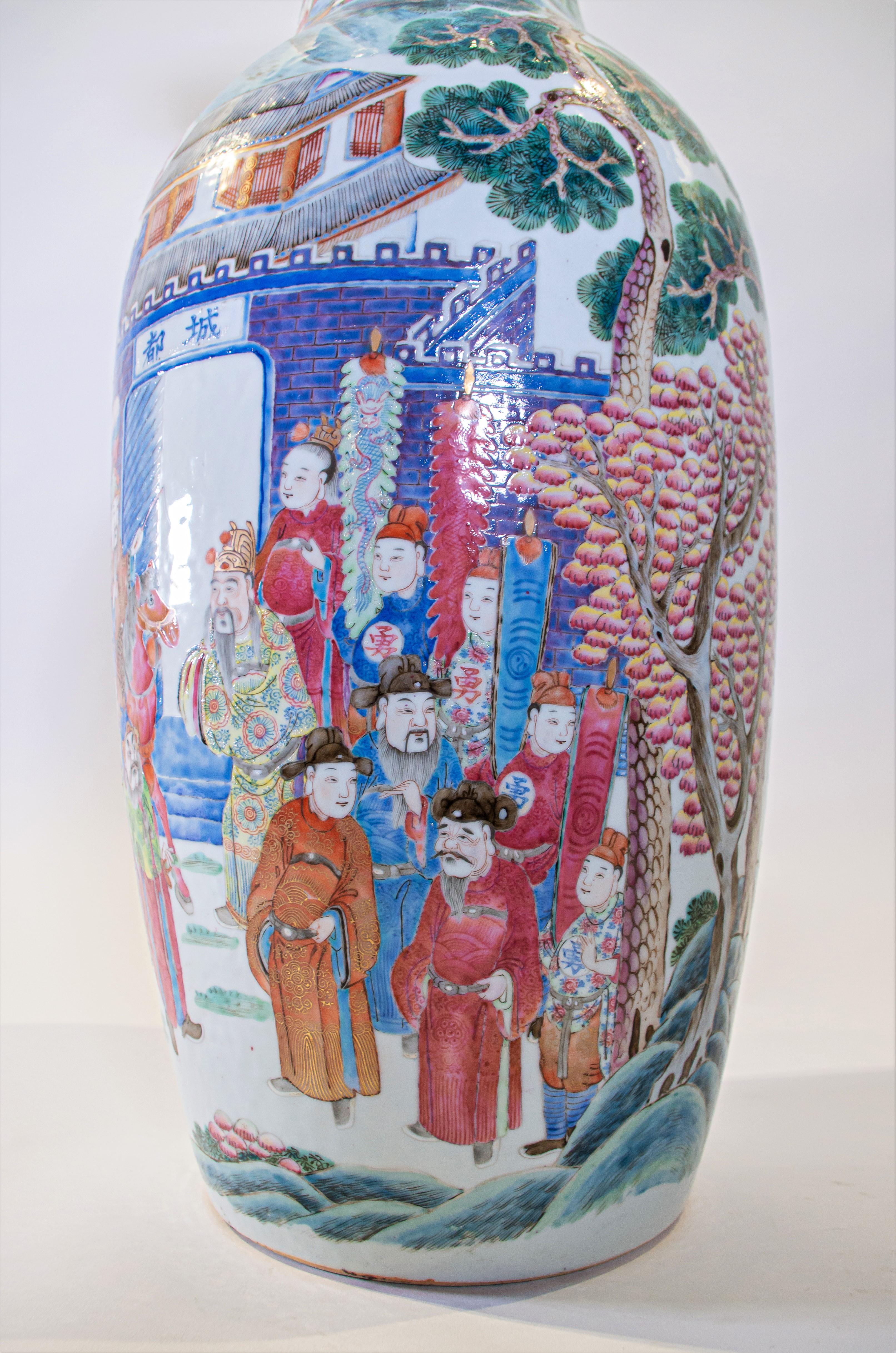 Pair of Chinese Famille Rose Hand Painted Vases with Emperor Scenes For Sale 6