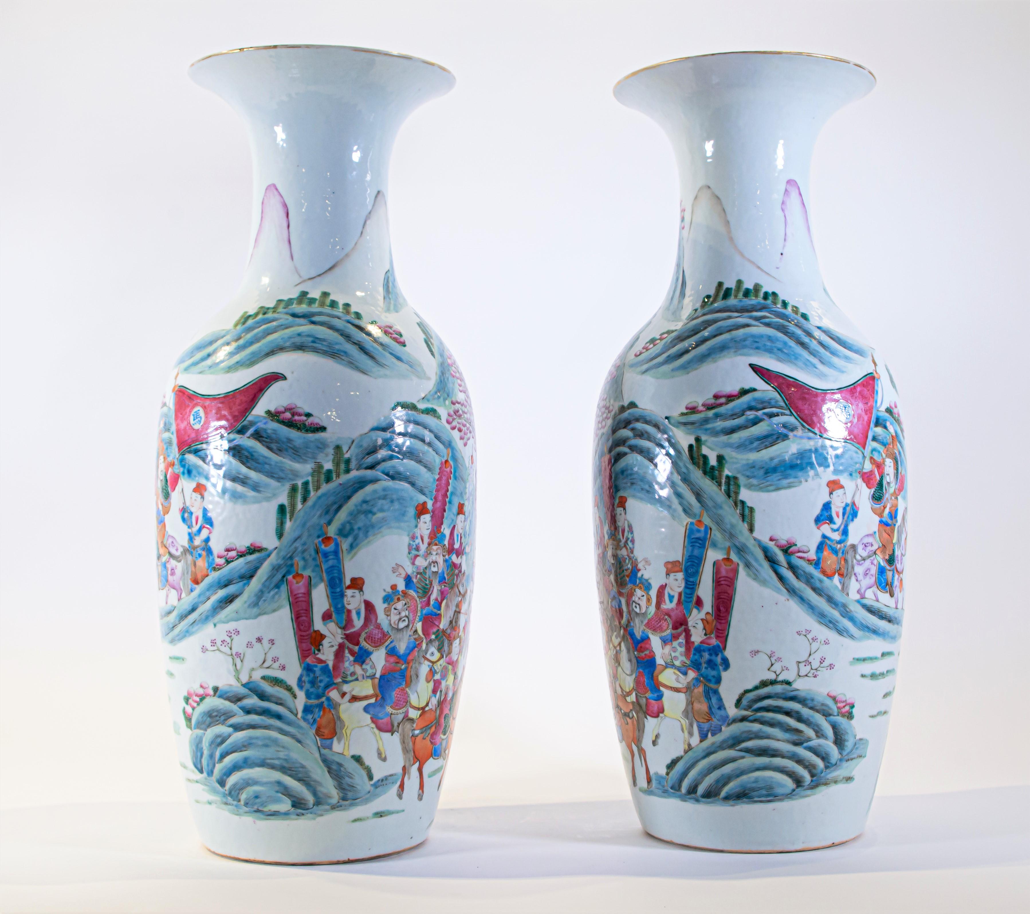 Chinese Export Pair of Chinese Famille Rose Hand Painted Vases with Emperor Scenes For Sale
