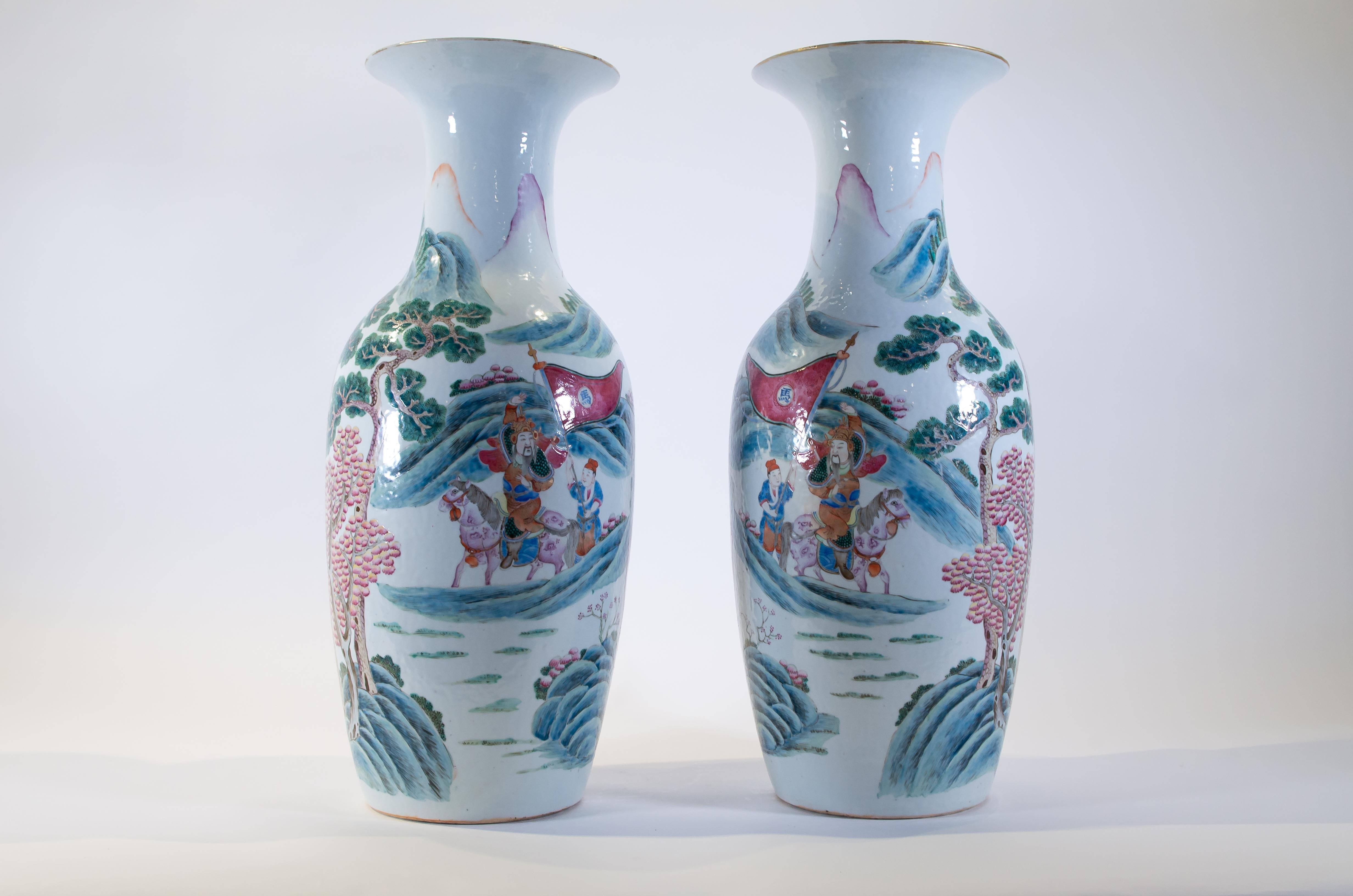 Hand-Painted Pair of Chinese Famille Rose Hand Painted Vases with Emperor Scenes For Sale