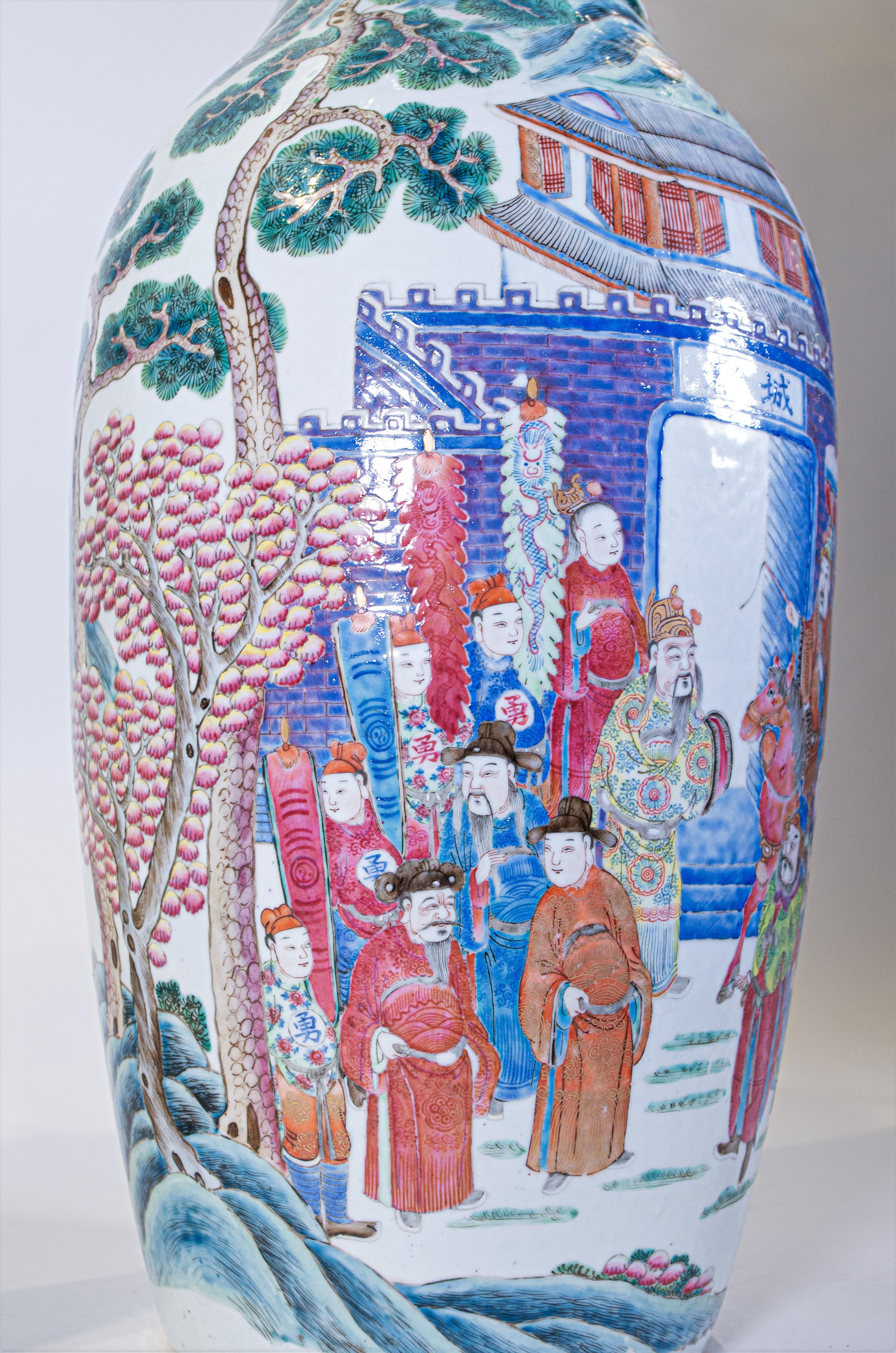 Porcelain Pair of Chinese Famille Rose Hand Painted Vases with Emperor Scenes For Sale
