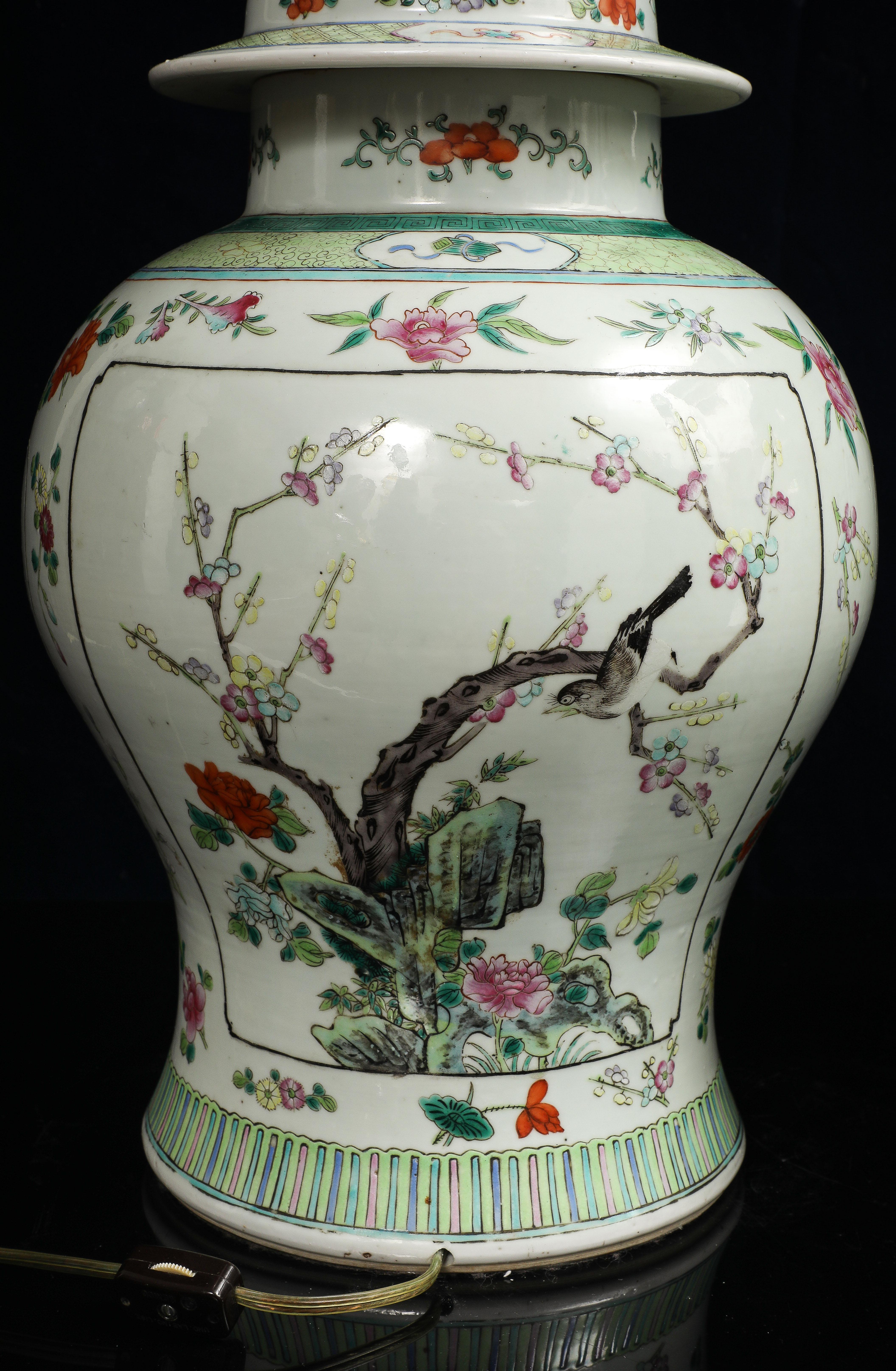 A Pair of Chinese Famille Verte Porcelain Covered Ginger Jars Mounted as Lamps For Sale 5