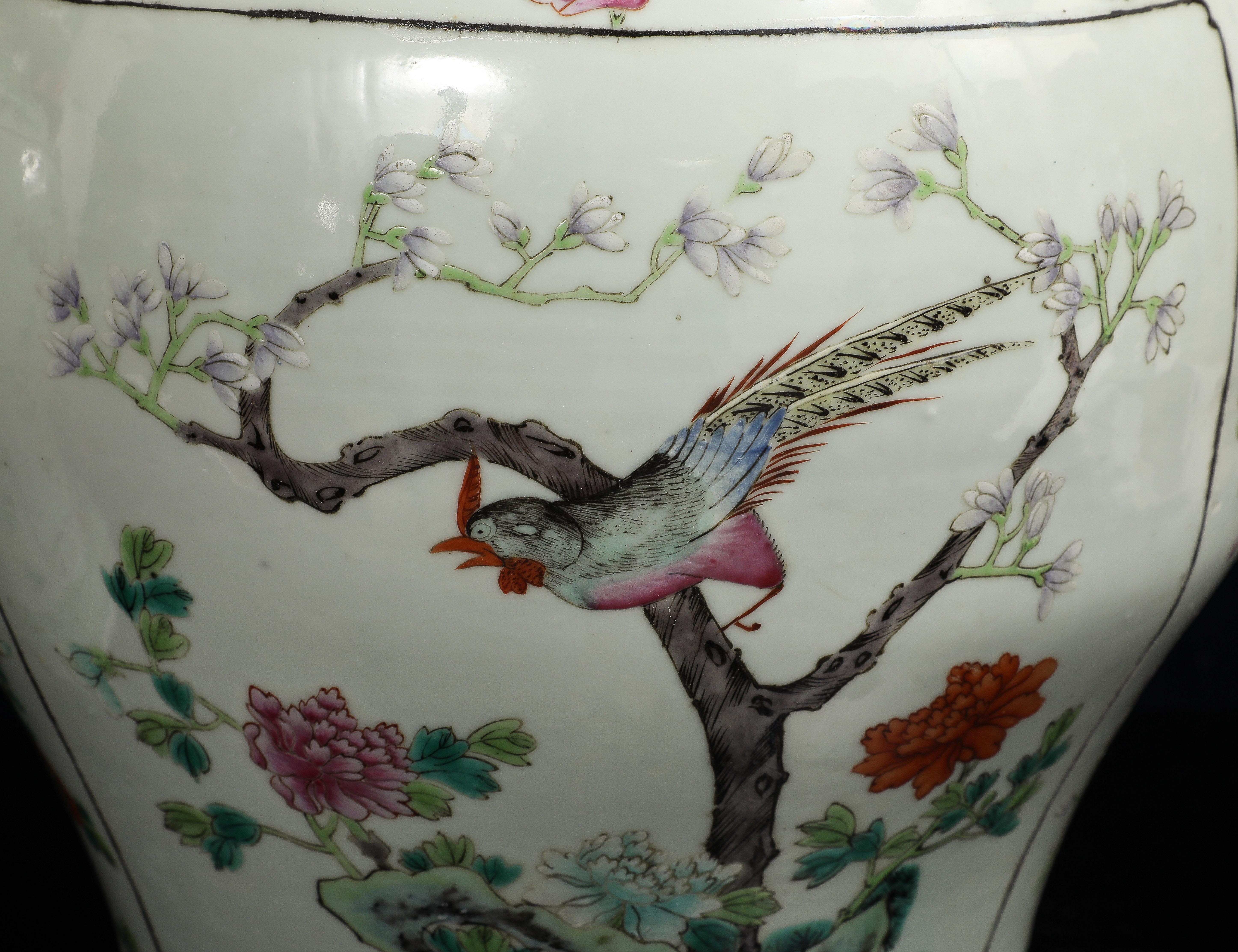 A Pair of Chinese Famille Verte Porcelain Covered Ginger Jars Mounted as Lamps For Sale 7