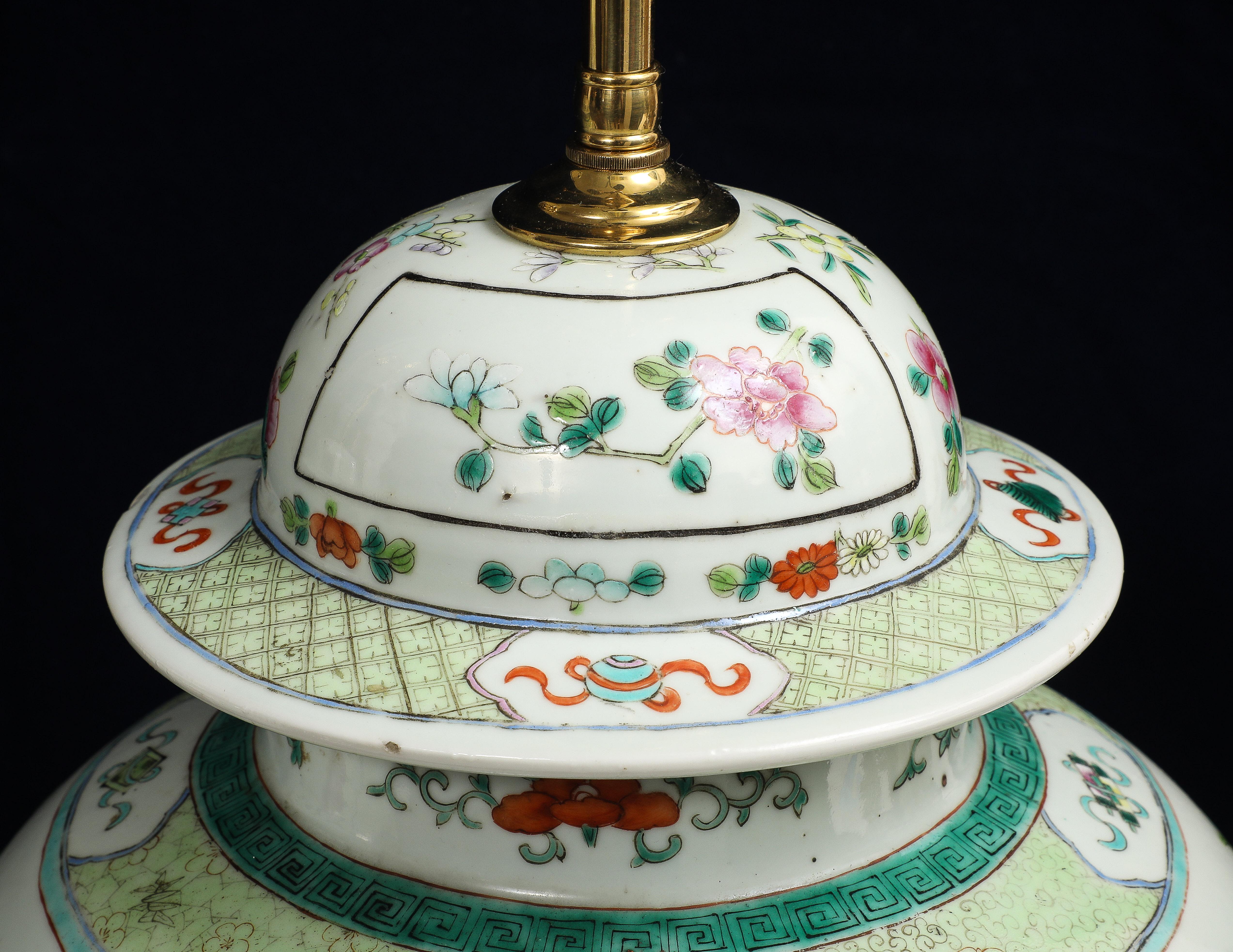 A Pair of Chinese Famille Verte Porcelain Covered Ginger Jars Mounted as Lamps For Sale 10