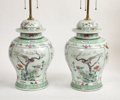 A Pair of Chinese Famille Verte Porcelain Covered Ginger Jars Mounted as Lamps