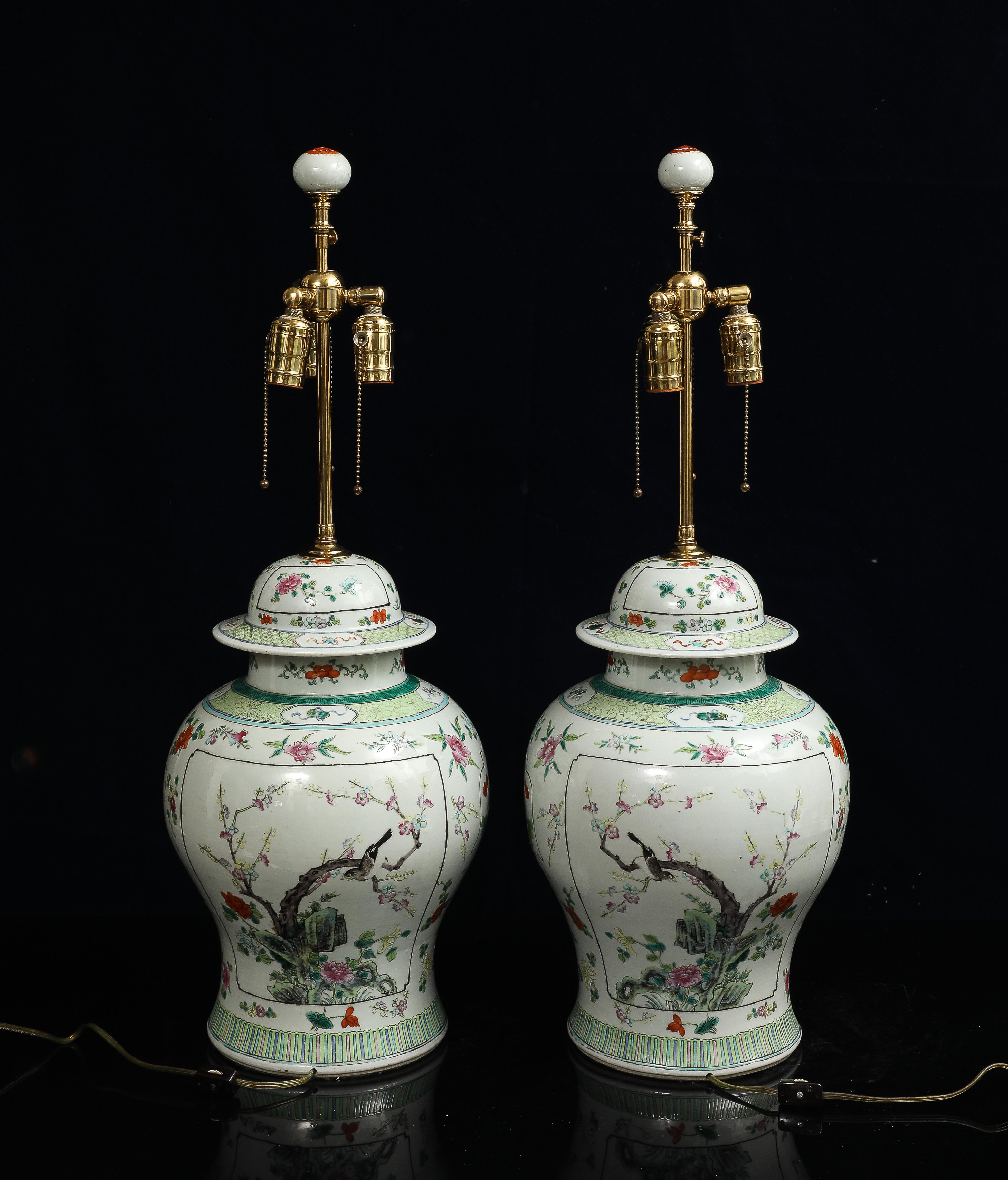 Mid-19th Century A Pair of Chinese Famille Verte Porcelain Covered Ginger Jars Mounted as Lamps For Sale