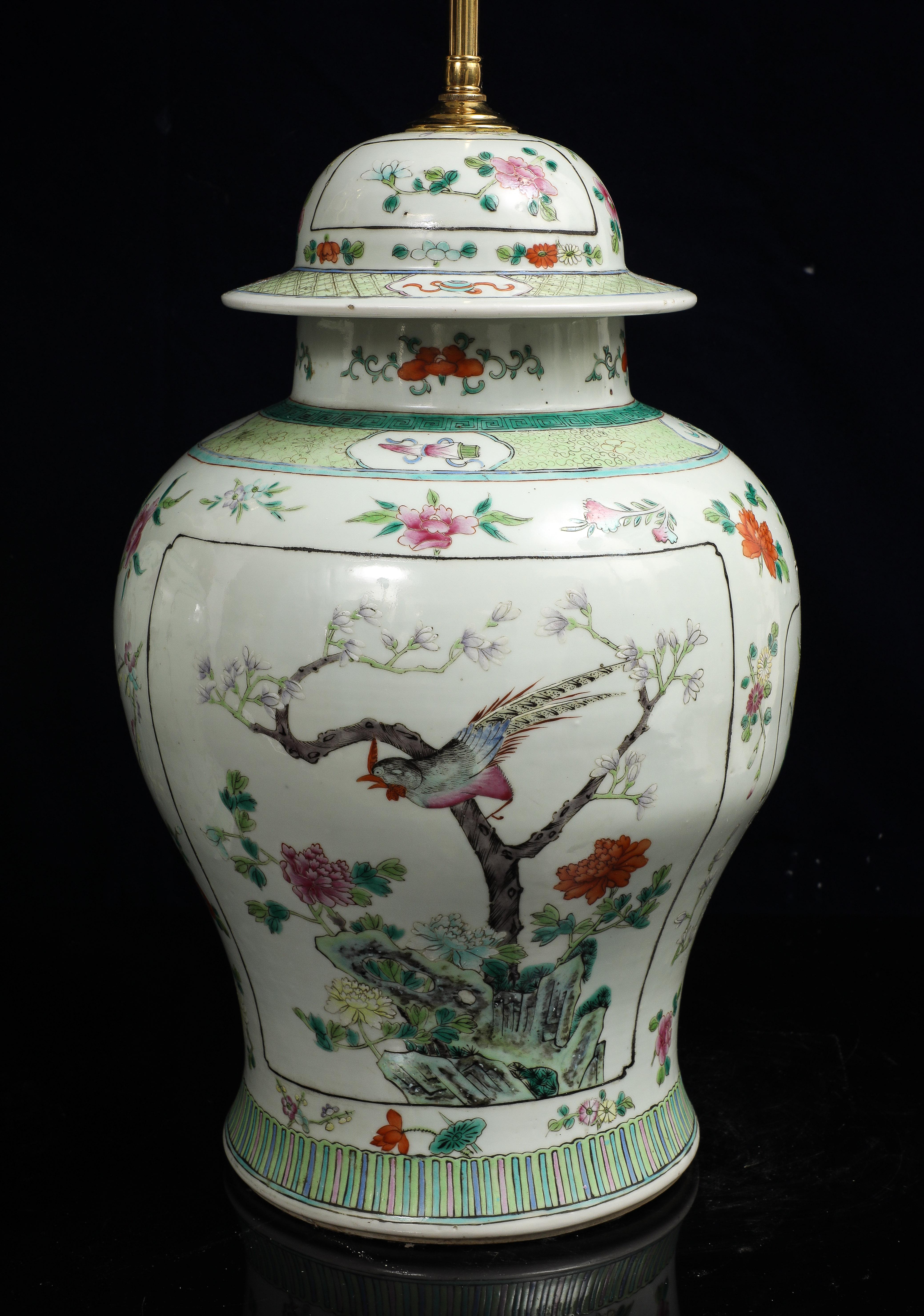 A Pair of Chinese Famille Verte Porcelain Covered Ginger Jars Mounted as Lamps For Sale 2