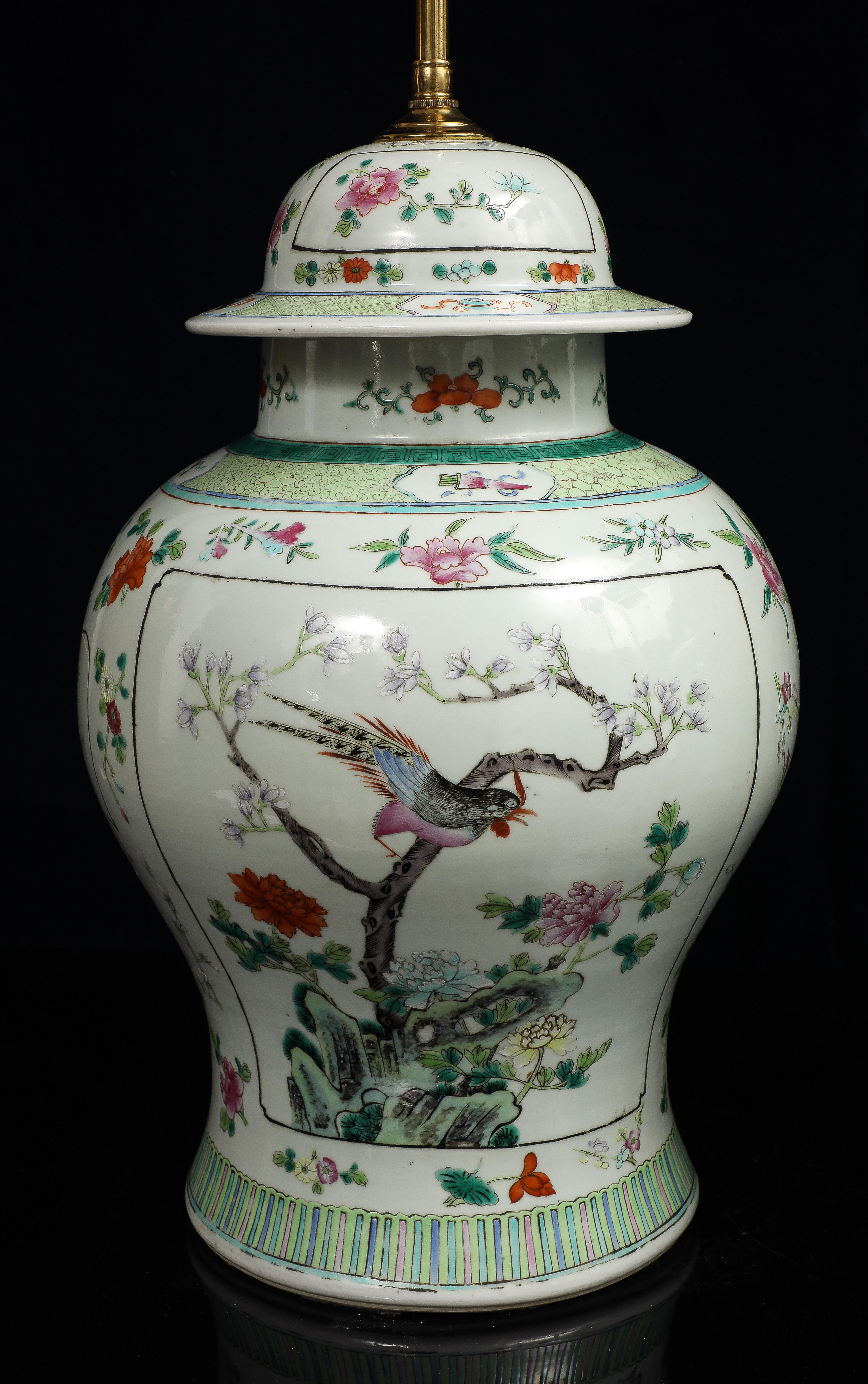 A Pair of Chinese Famille Verte Porcelain Covered Ginger Jars Mounted as Lamps For Sale 3