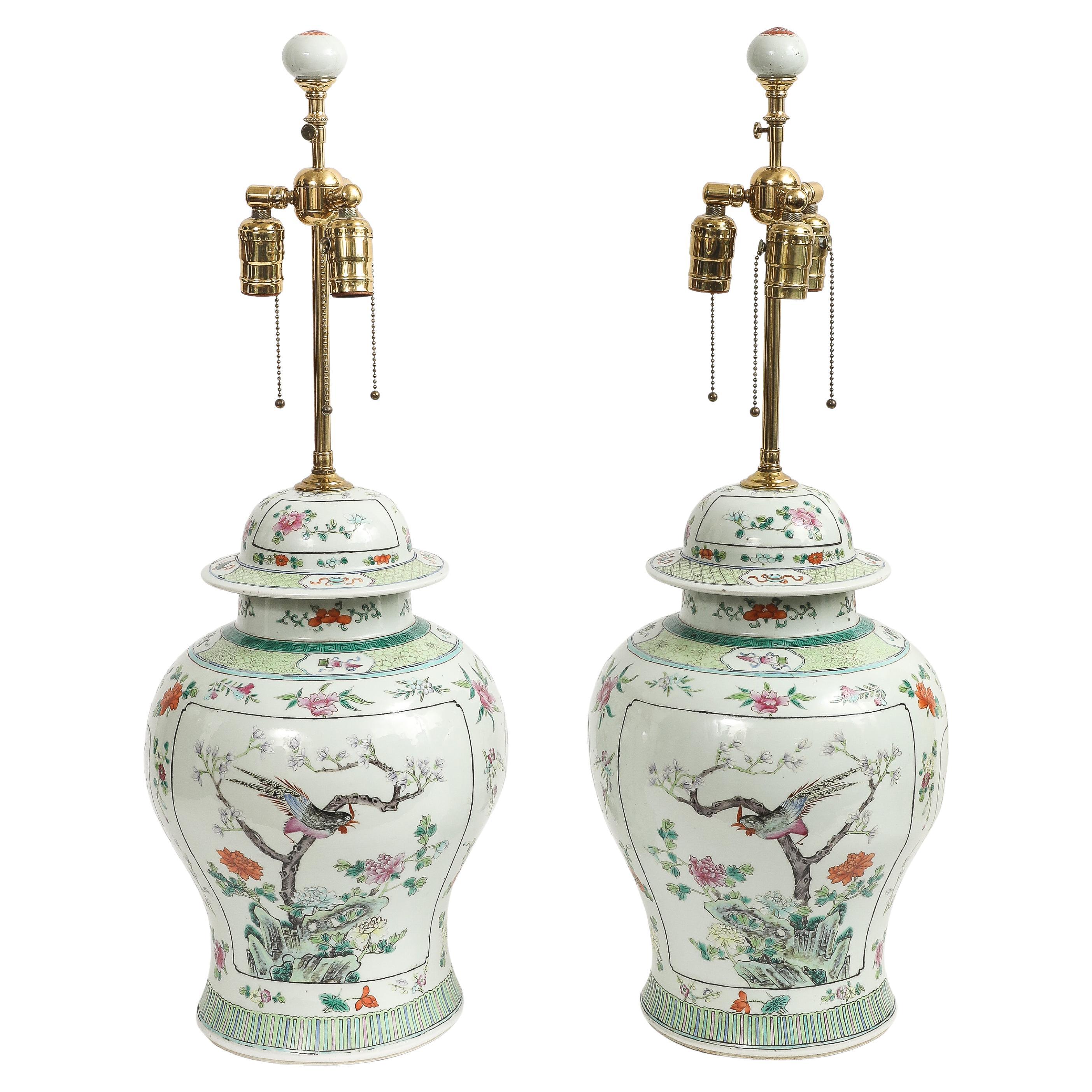 A Pair of Chinese Famille Verte Porcelain Covered Ginger Jars Mounted as Lamps For Sale