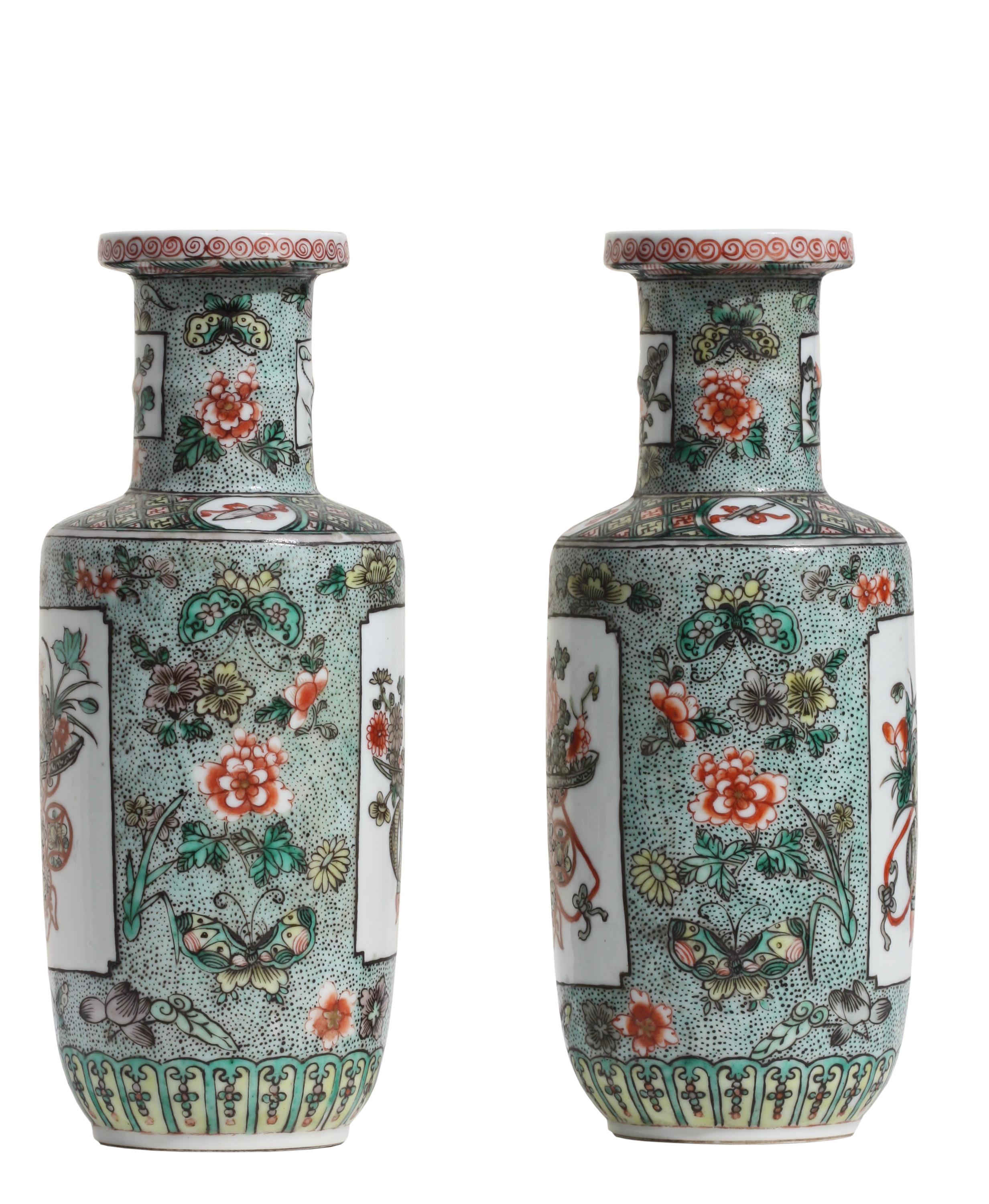 Pair of Chinese Famille Verte Porcelain Vases 19th Century In Good Condition For Sale In West Palm Beach, FL