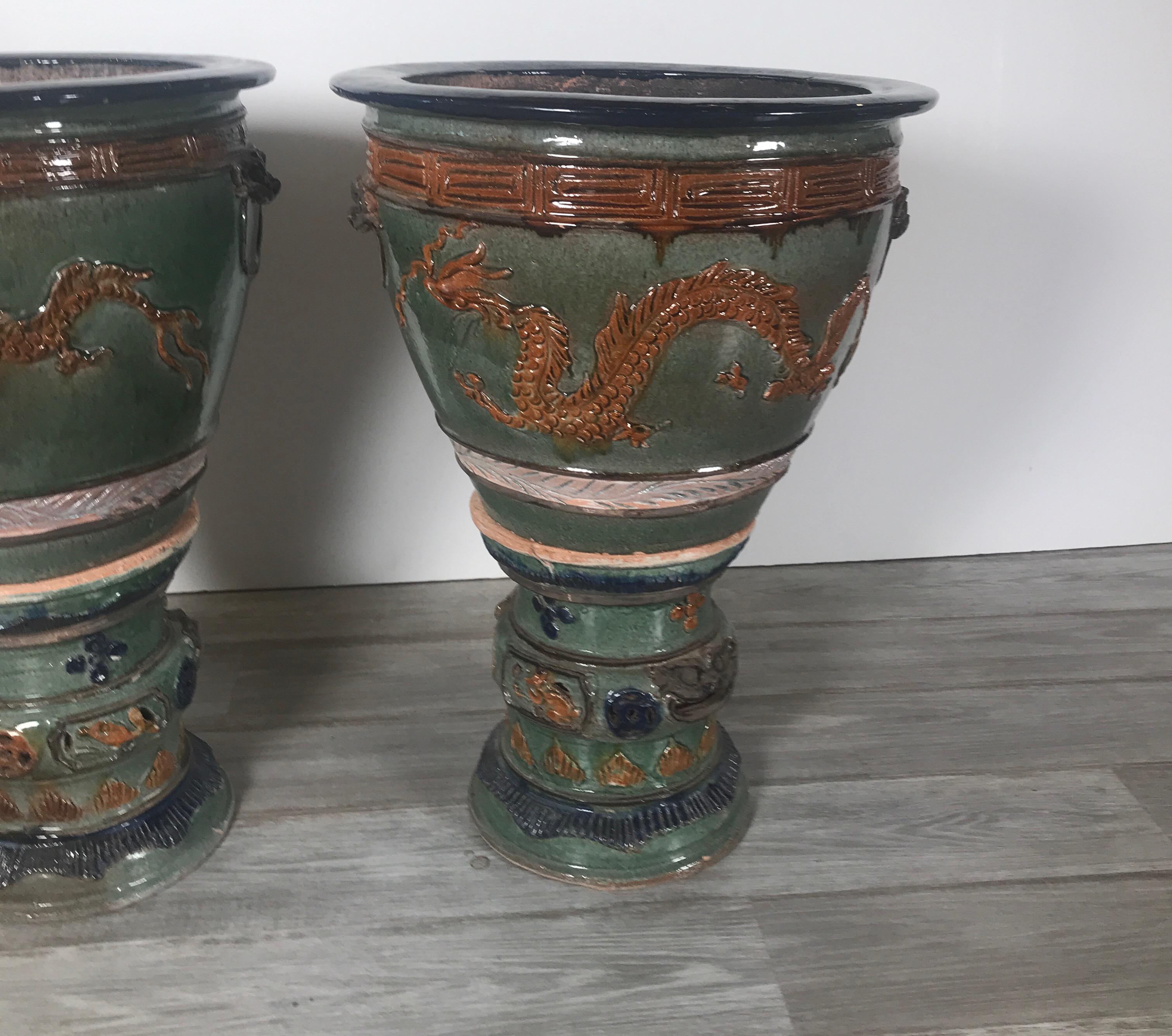 Chinese Export Pair of Chinese Glazed Terracotta Jardinieres Planters