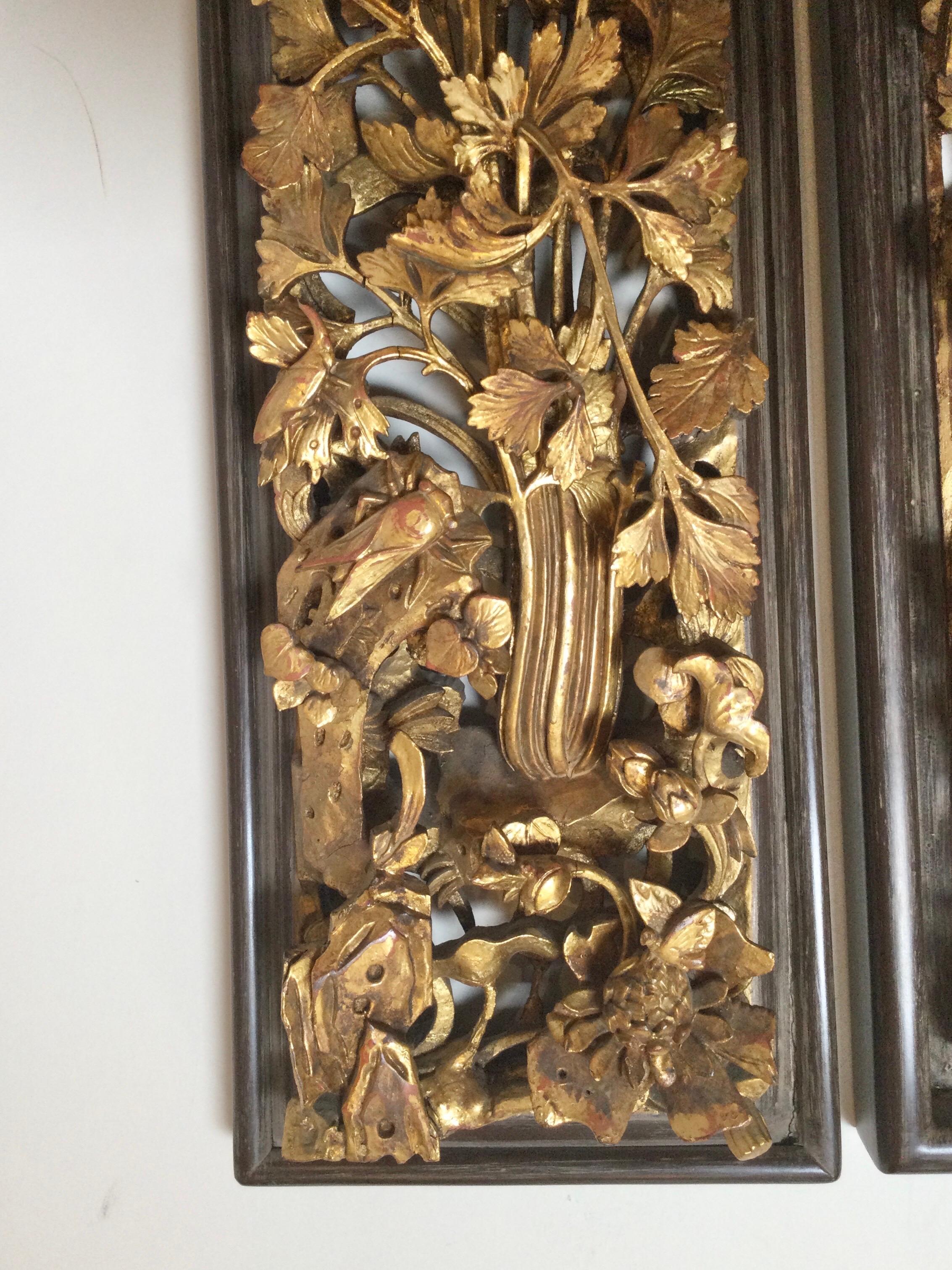 Gilt Pair of Chinese Hand Carved Panels