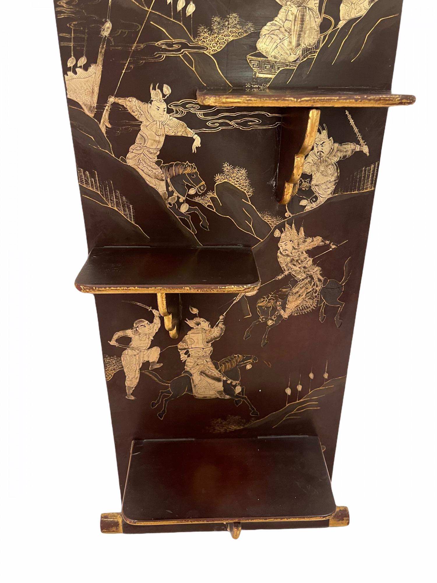19 c Pair Chinese Hand Painted Black Gold and Silver Lacquered Fold Up Wall Shel For Sale 6