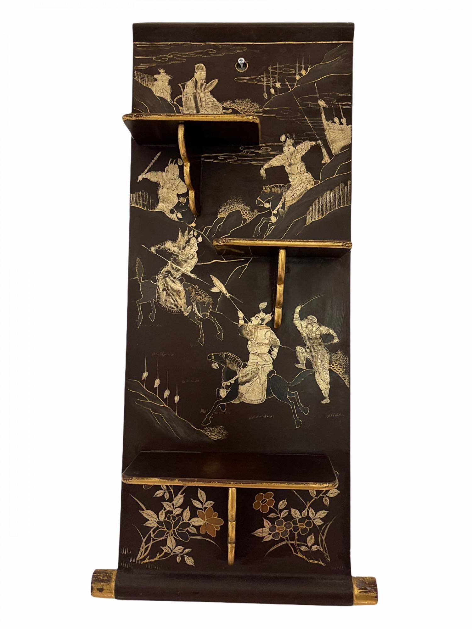 Qing 19 c Pair Chinese Hand Painted Black Gold and Silver Lacquered Fold Up Wall Shel For Sale