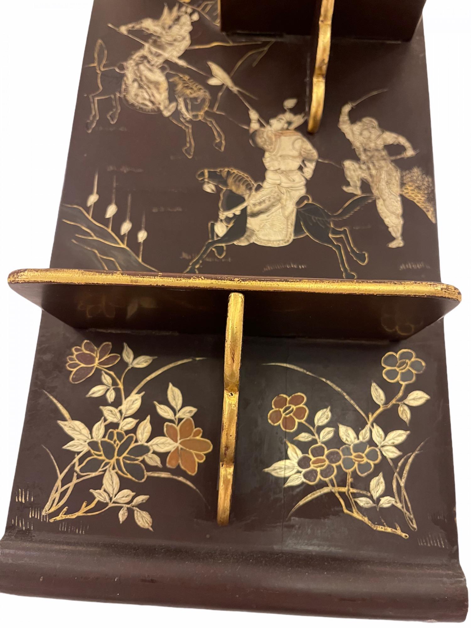19th Century 19 c Pair Chinese Hand Painted Black Gold and Silver Lacquered Fold Up Wall Shel For Sale