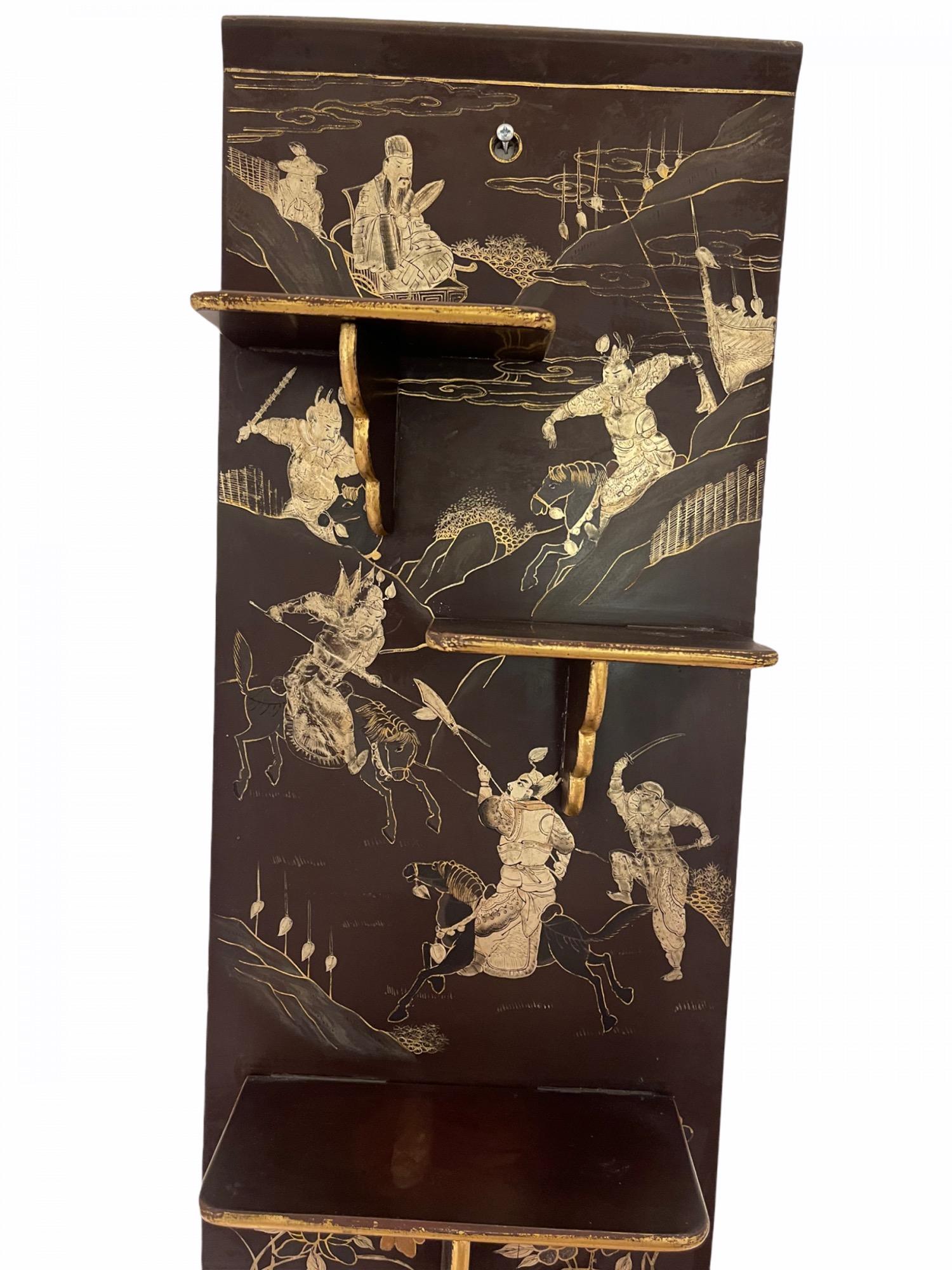 Wood 19 c Pair Chinese Hand Painted Black Gold and Silver Lacquered Fold Up Wall Shel For Sale