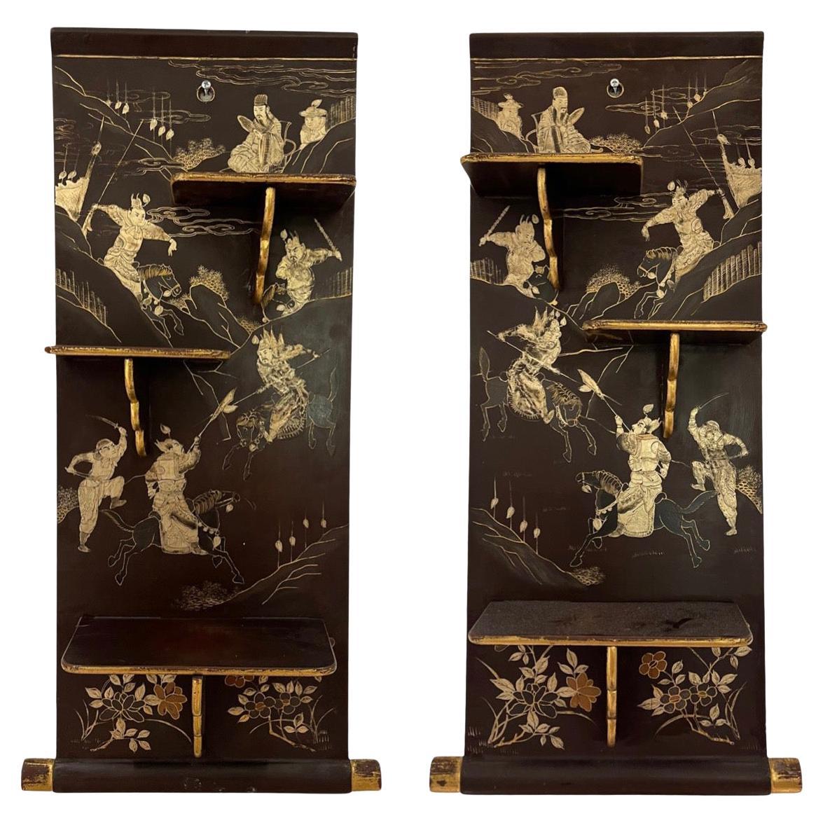 19 c Pair Chinese Hand Painted Black Gold and Silver Lacquered Fold Up Wall Shel For Sale