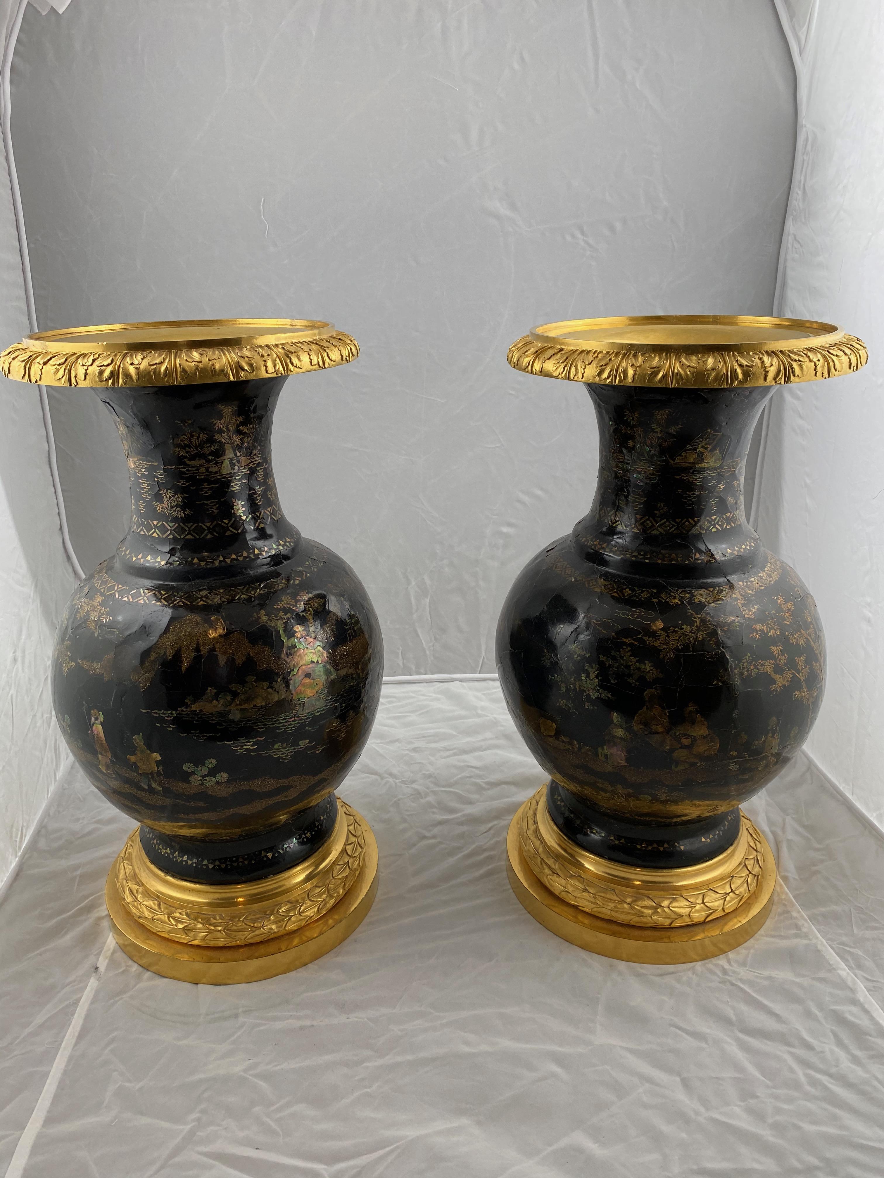 European Pair of Chinese Lacquer Urns Mounted with Gilt Bronzes, 19th Century