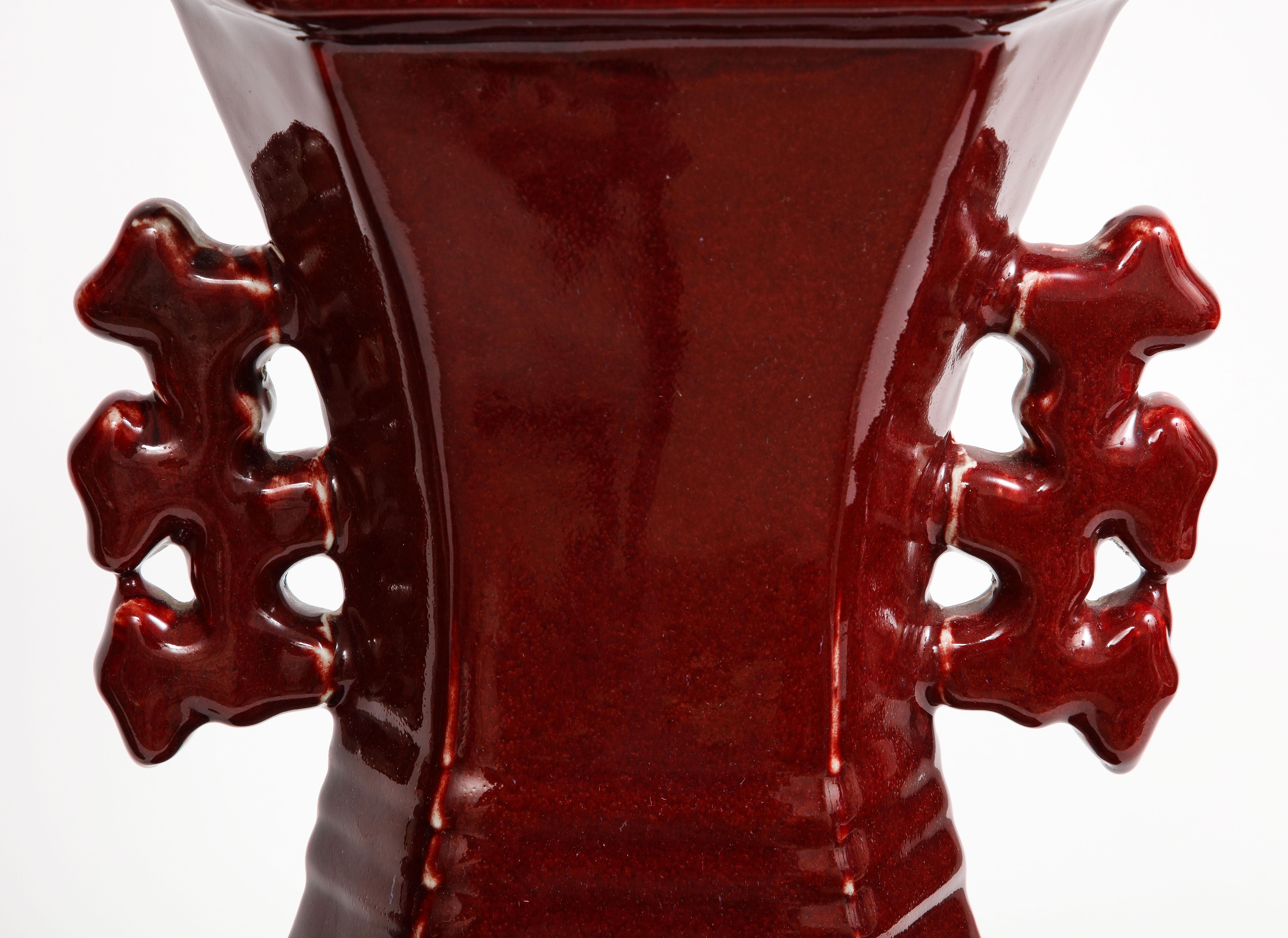 Pair of Chinese Monochrome Ox Blood Porcelain Double Handled Vases For Sale 4