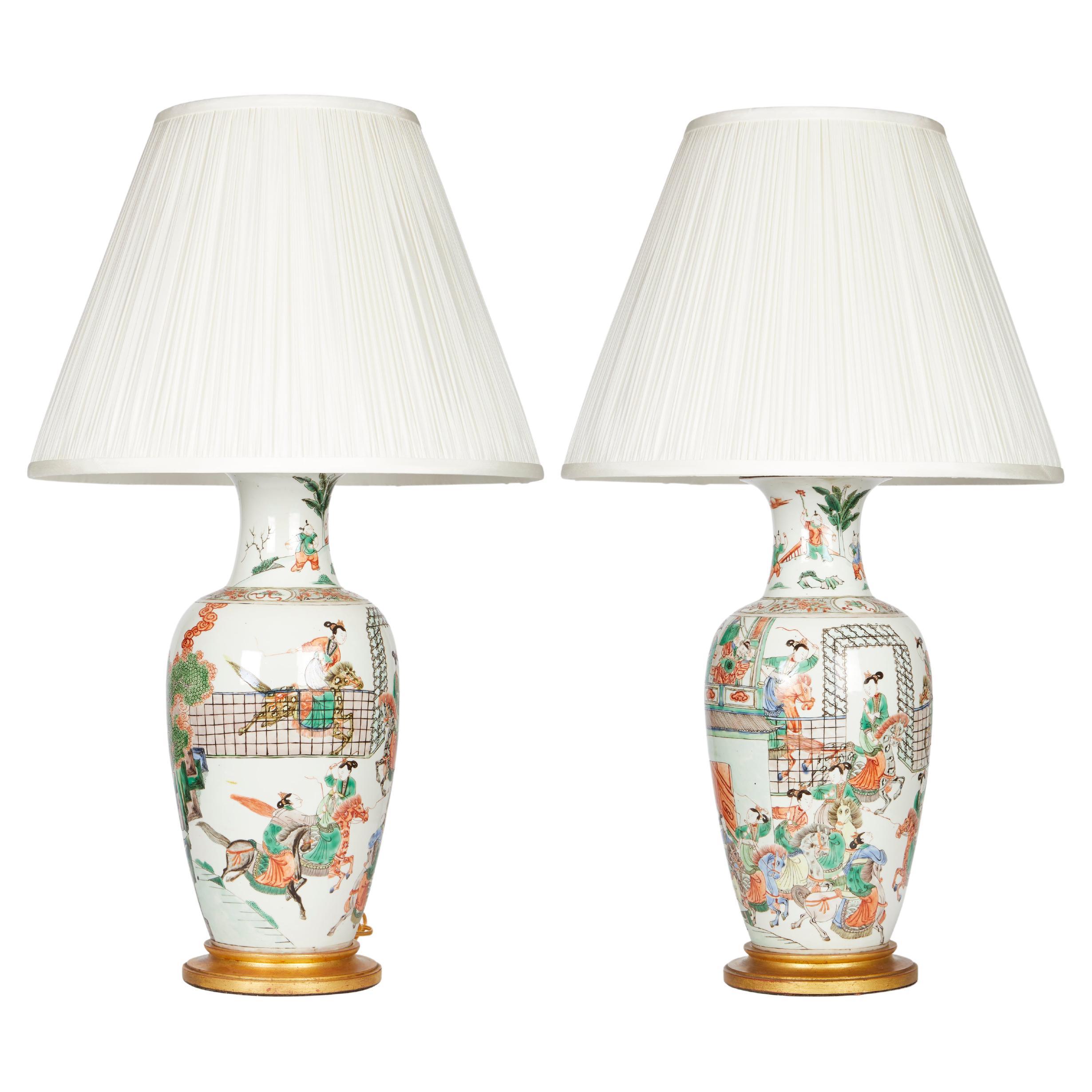 Pair of Chinese Polychrome Porcelain Lamp