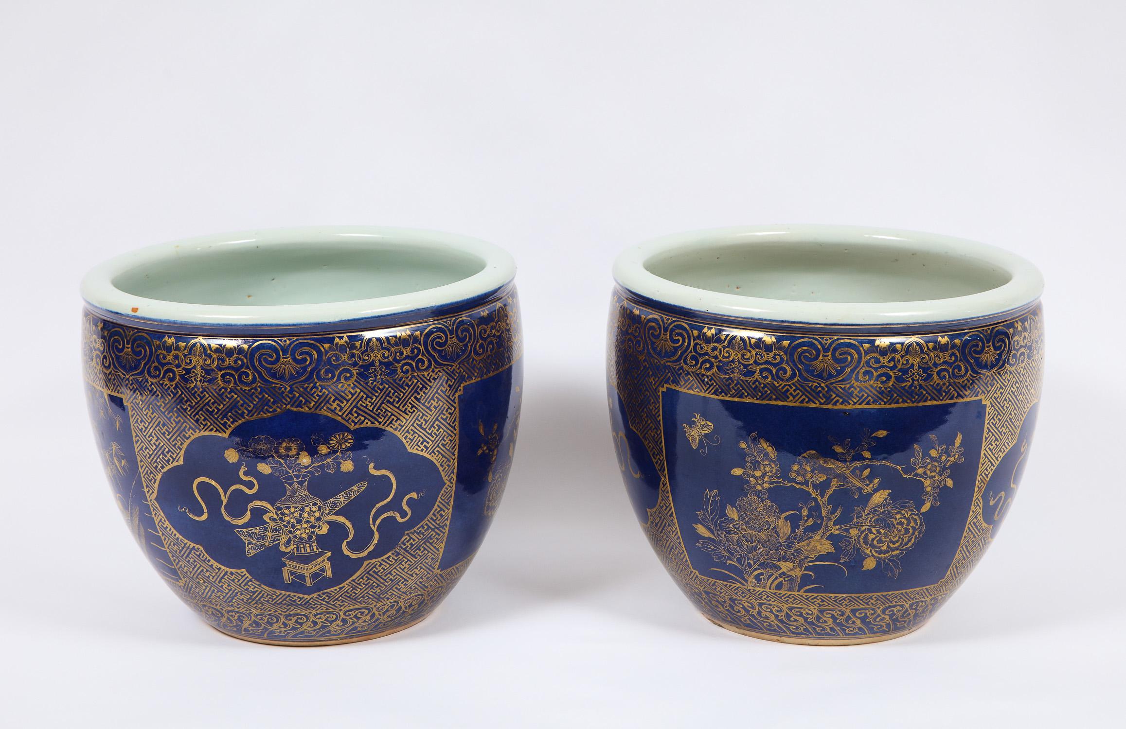 Louis XVI Pair of Chinese Porcelain Bleu Poudre and 24K Gilt Decor Fish Bowls/Jardinieres
