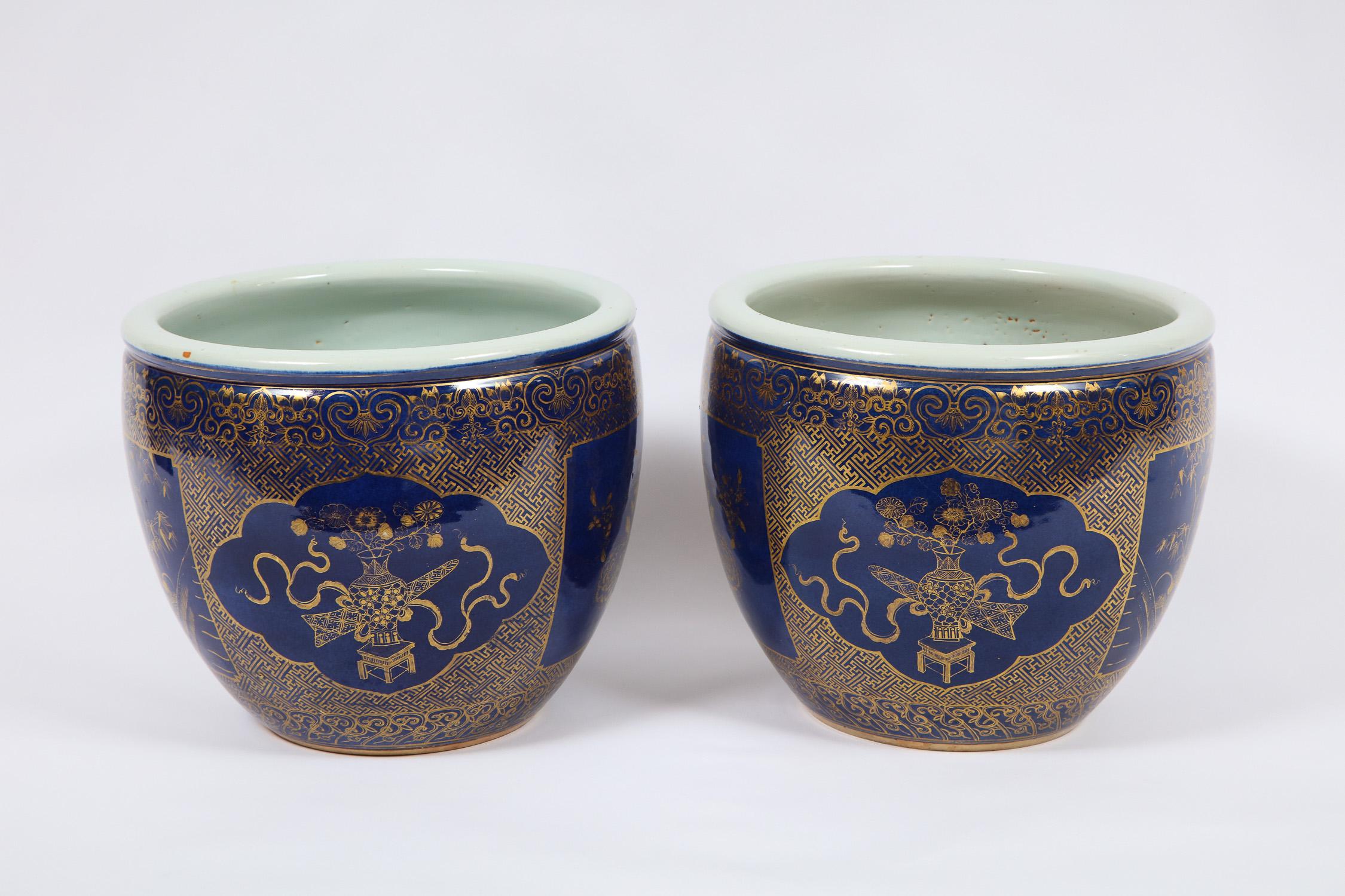 Pair of Chinese Porcelain Bleu Poudre and 24K Gilt Decor Fish Bowls/Jardinieres In Good Condition In New York, NY